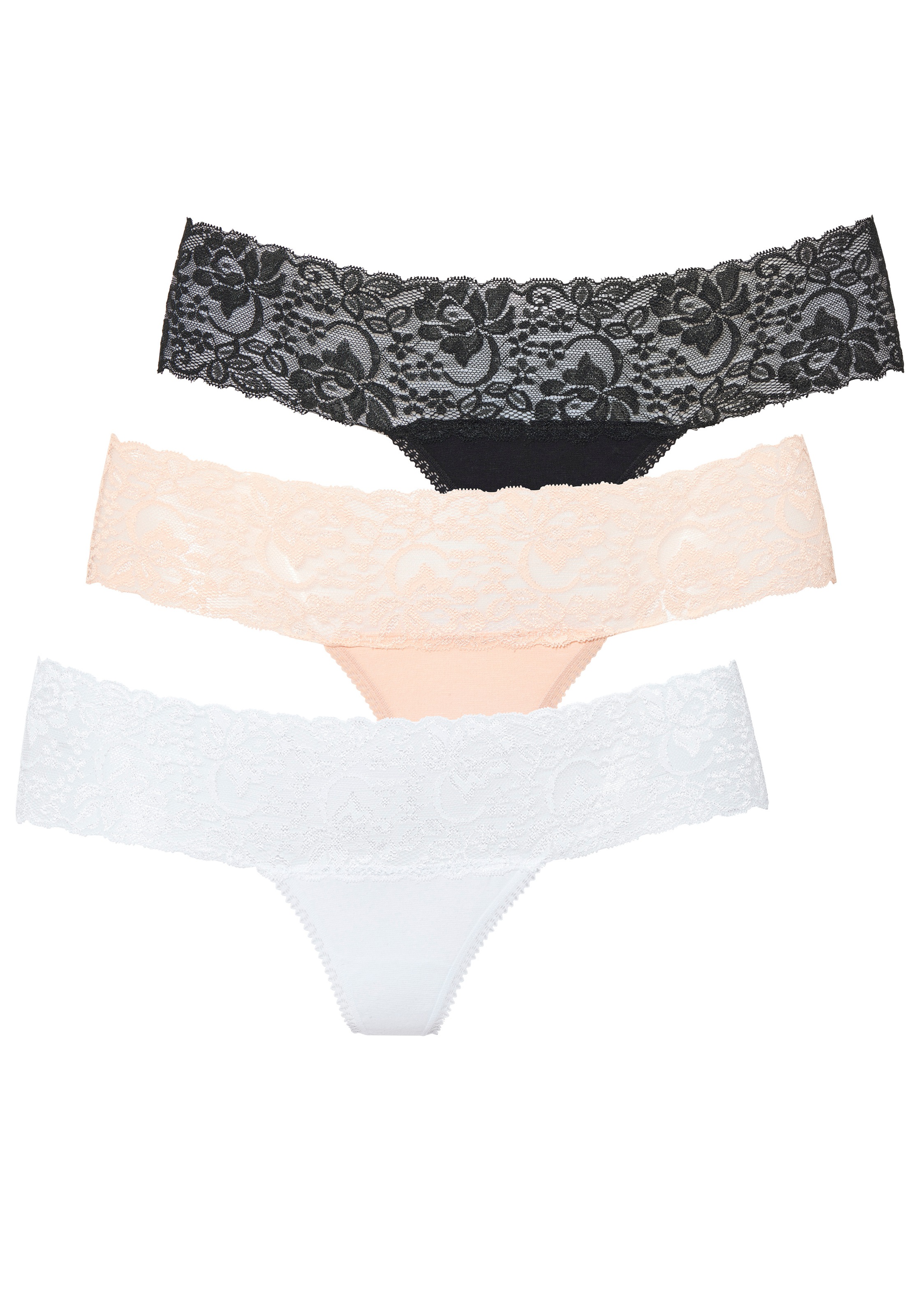 Vivance String 3er-Pack,  aus elastischer Baumwolle mit floraler Spitze