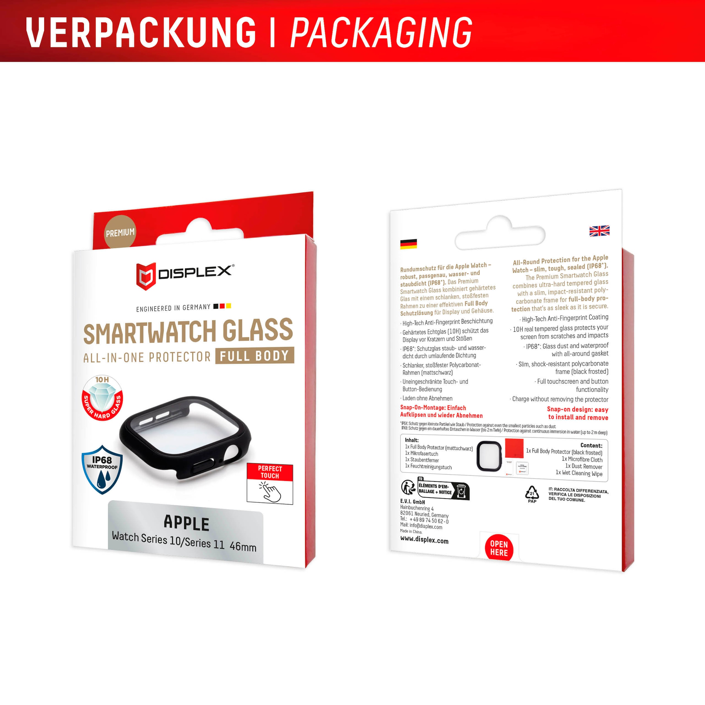 Displex Displayschutzglas »Smartwatch Glass All-In-One Protector Full Body« für Apple Watch Series 10 46 mm;Apple Watch Series 11 46 mm Displayschutzfolie, Schutzfolie, Bildschirmschutz, kratz- & stoßfest