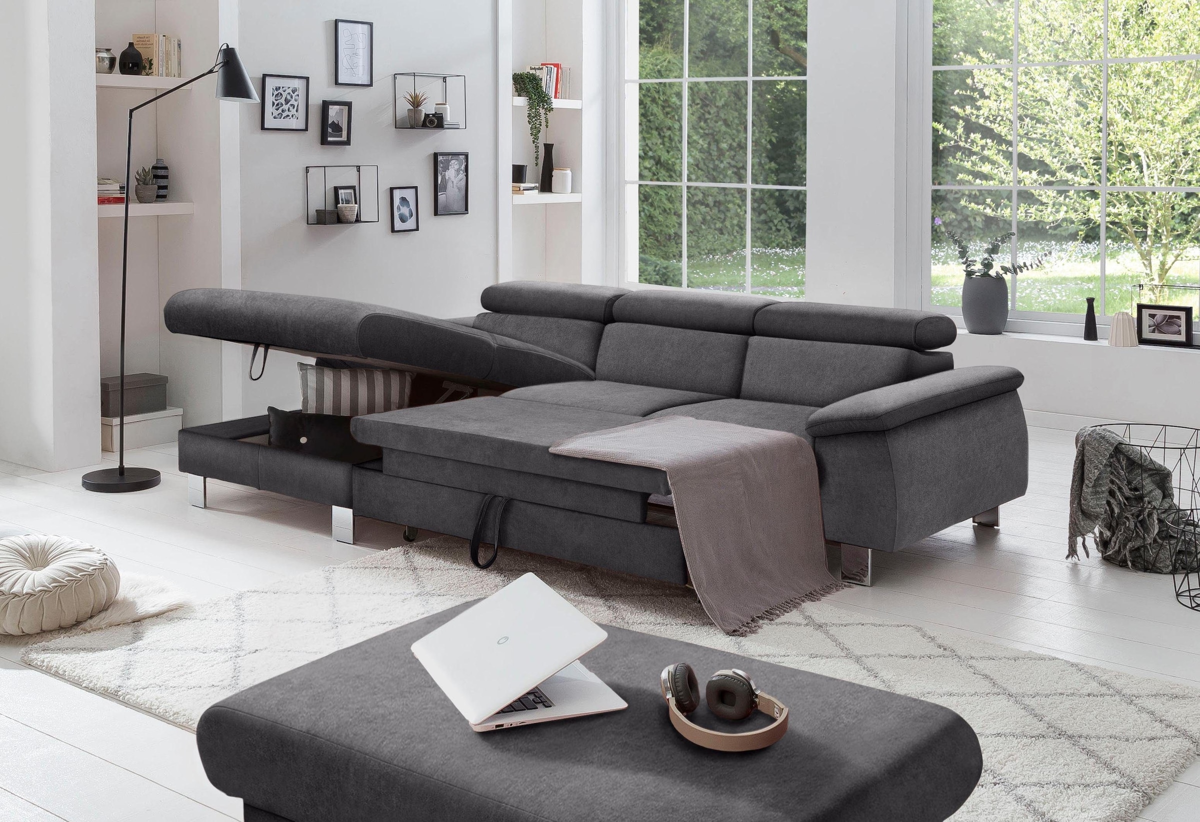 COTTA Ecksofa Komaris, Ecksofa, wahlweise mit RGB-LED-Beleuchtung und Bettfunktion/Bettkasten