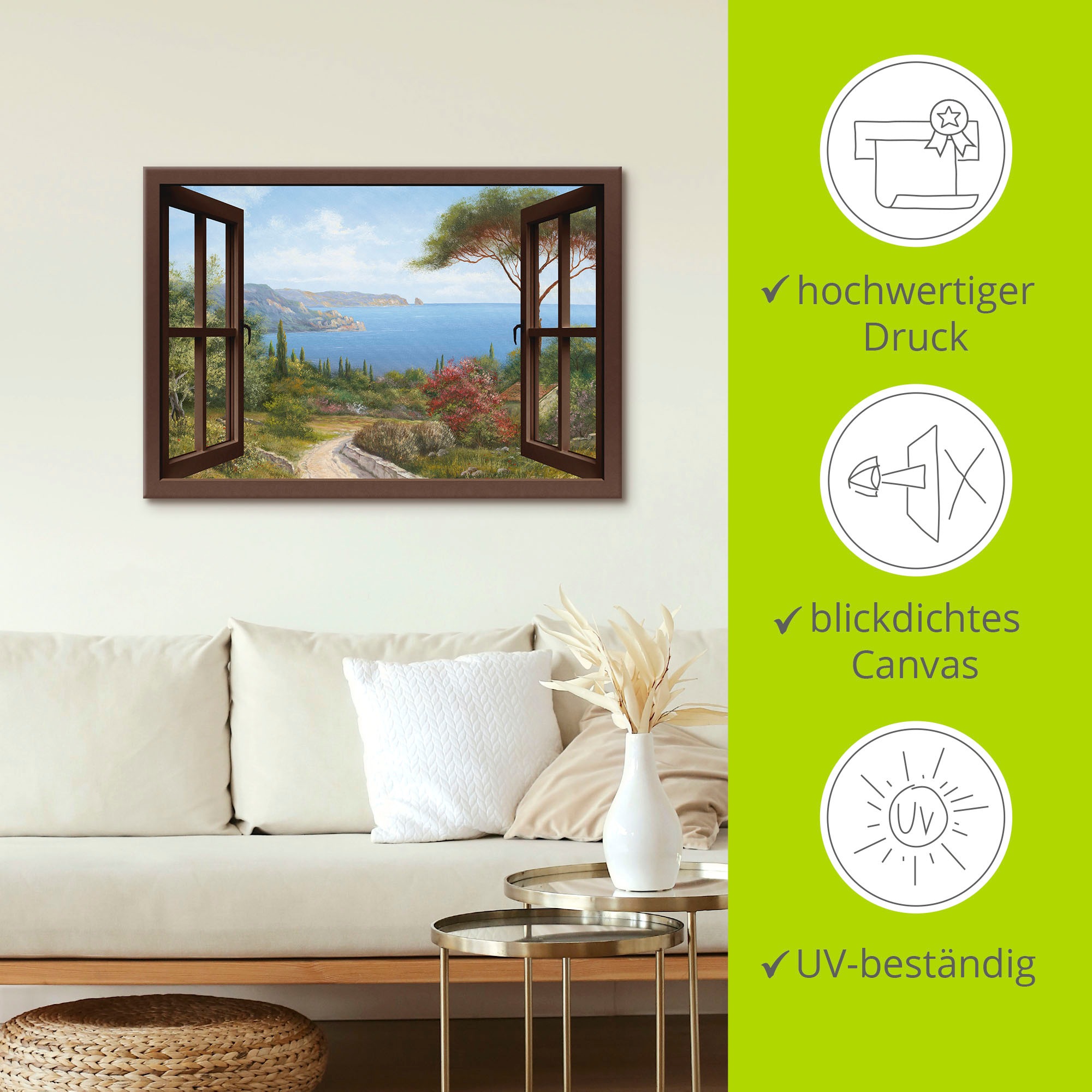 Artland Wandbild »Fensterblick Frühlingsmorgen«, Fensterblick, (1 St.), als Leinwandbild, Poster, Wandaufkleber in verschied. Größen
