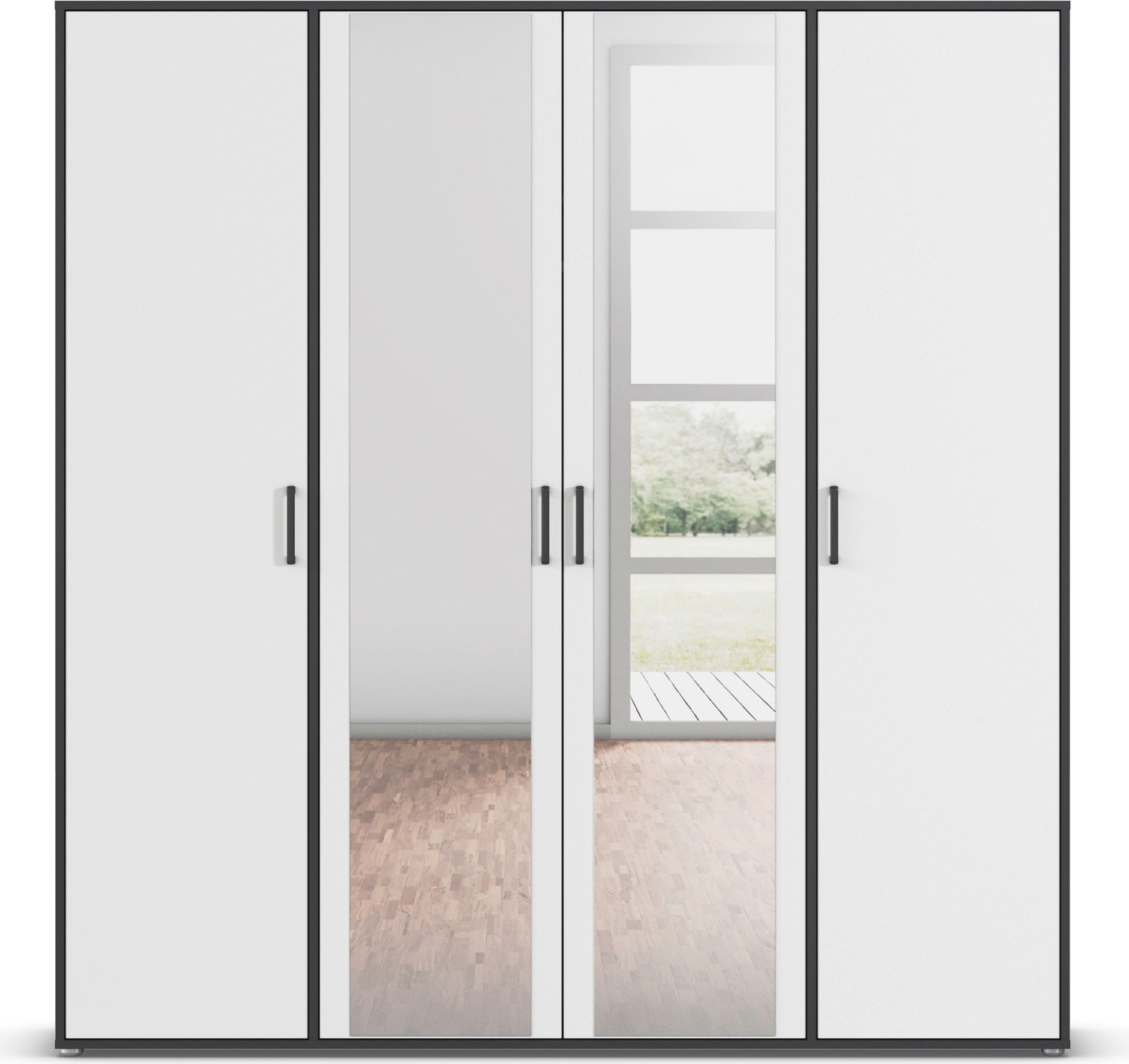 rauch Drehtürenschrank »Kleiderschrank Schrank Garderobe Wäscheschrank VOYAGER«, (in 3 verschiedenen Ausstattungen BASIC/CLASSIC/PREMIUM), mit modernen Griffen in Graumetallic und Spiegel