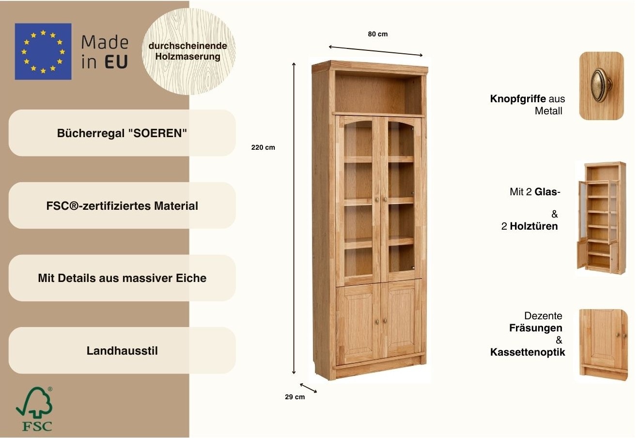 OTTO home Vitrine »Soeren Bücherregal mit Eiche-Elementen B/T/H: 80/29/220 cm« mit Glas-/Holztüren