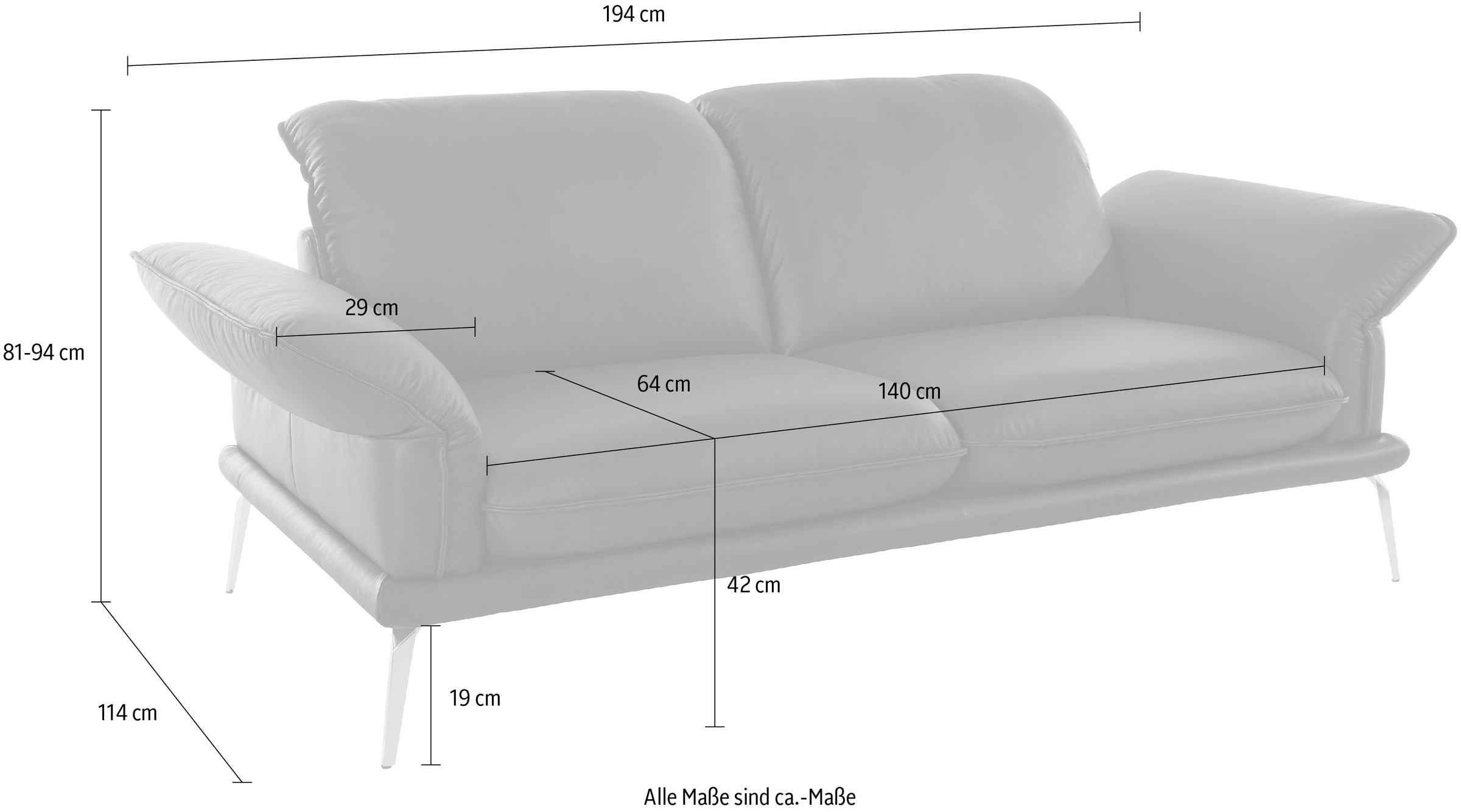 W.SCHILLIG 2-Sitzer »sherry«, Kopfstützenverstellung, Winkelfüße in Chrom glänzend, Breite 194 cm