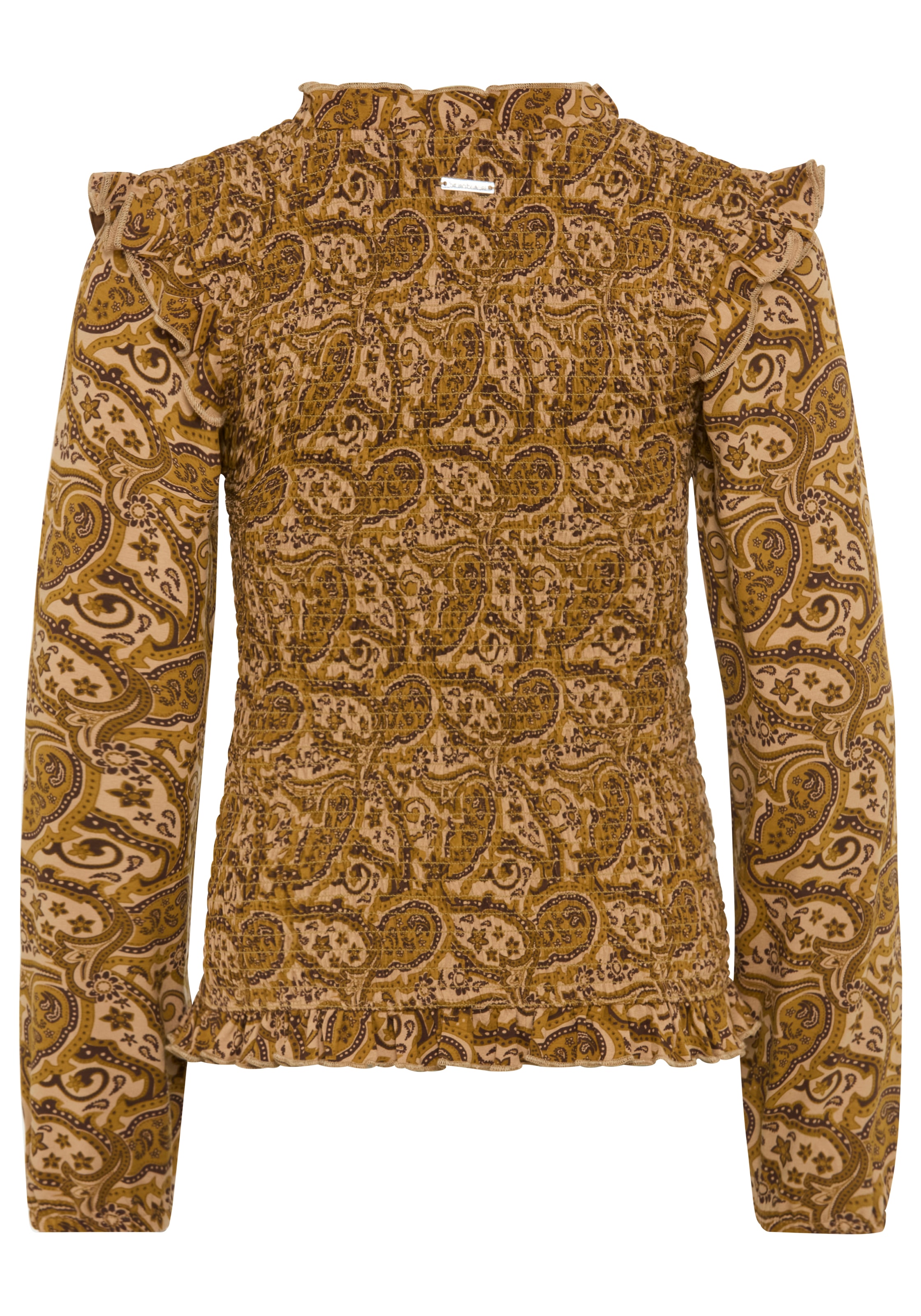 Bruno Banani Langarmshirt »Viskose-Shirt im Allover-Design« extraeng geschnitten, mit Puffärmeln, mit gekräuseltem Ausschnitt
