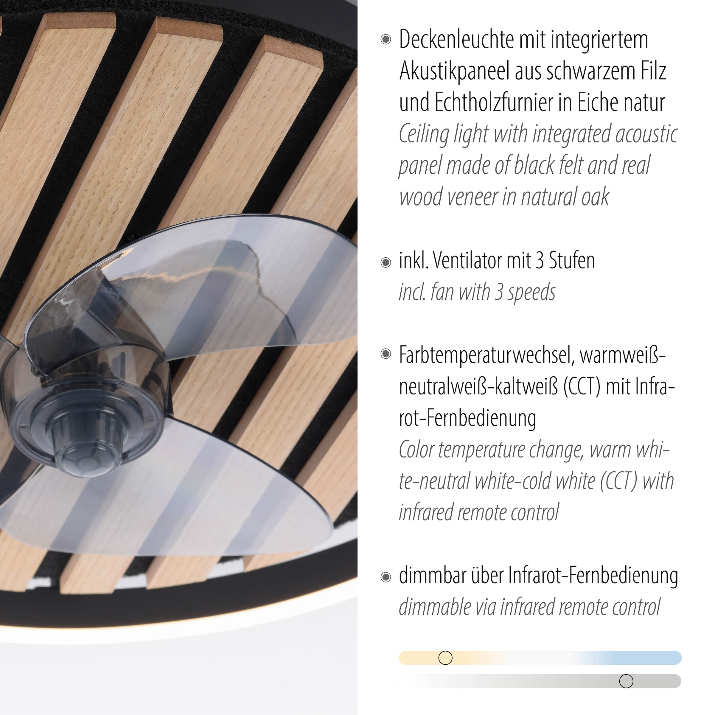 Leonique Deckenleuchte »Brialeen - Akustikpaneele«, 1 flammig, Leuchtmittel LED-Board | LED fest integriert, Deckenventilator, Deckenlampe, Ventilator, Akustik, Holz, Paneele
