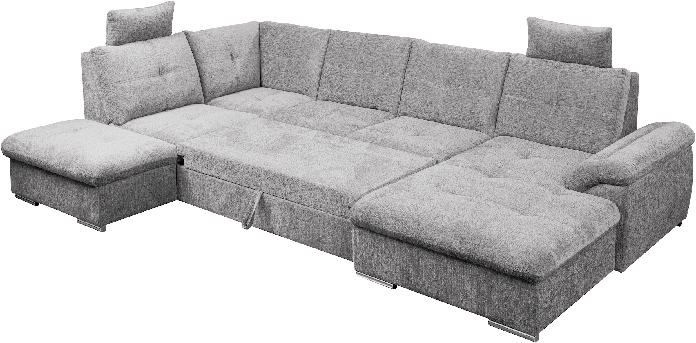 WERK2 Wohnlandschaft »Arena 339 cm breit mit Bett & Bettkasten, wahlw. mit 2 Kopfstützen« U-Form, XXL, Schlaffunktion, Bettkasten