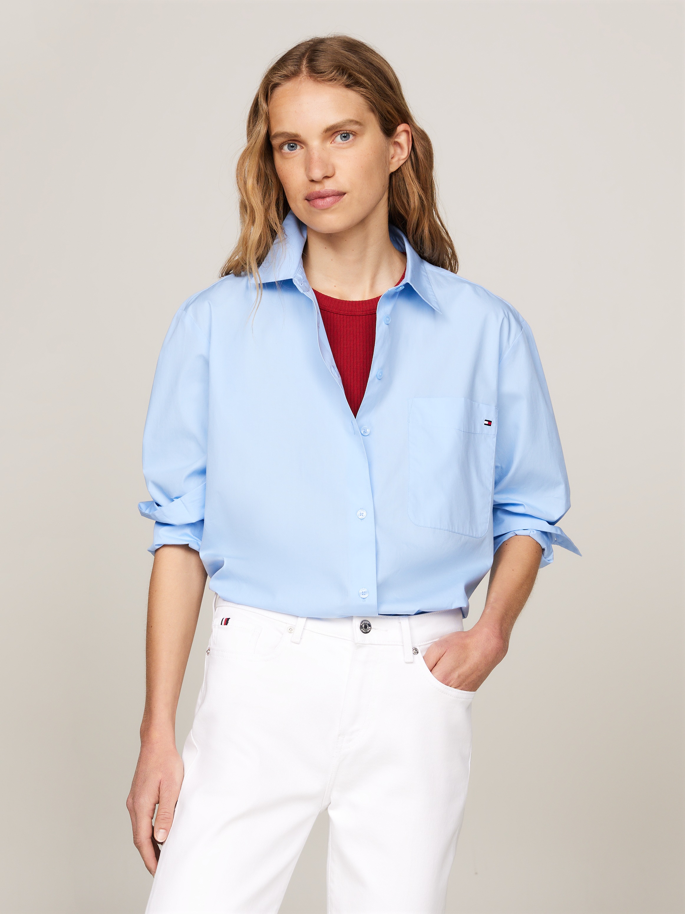 Tommy Hilfiger Hemdbluse »SOLID COTTON EASY FIT SHIRT«, mit Brusttasche