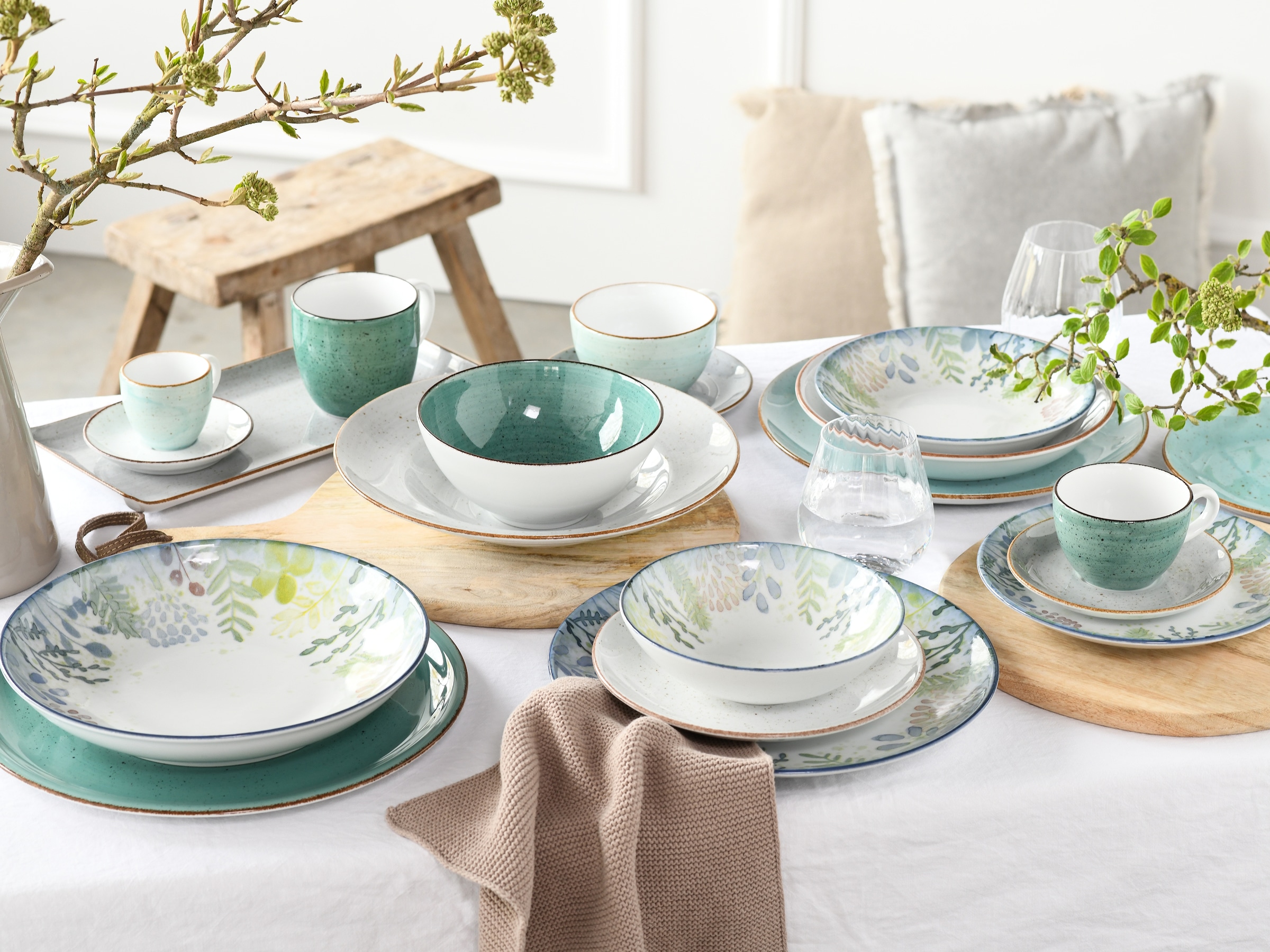 CreaTable Espressotasse »Vintage Nature Aqua, Espresso-Set, 8-tlg.« Handgemalt, Gesprenkelt, Rustikales Außenband