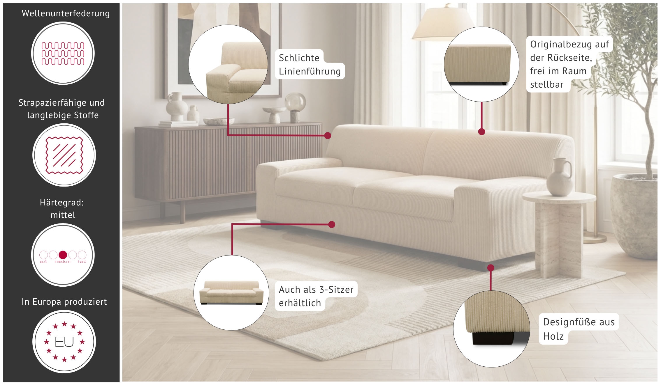 OTTO home 2-Sitzer »Faxe 194 x 85 cm, auch mit Schlaffunktion« aus pflegeleichtem, weichem Bezugsstoff