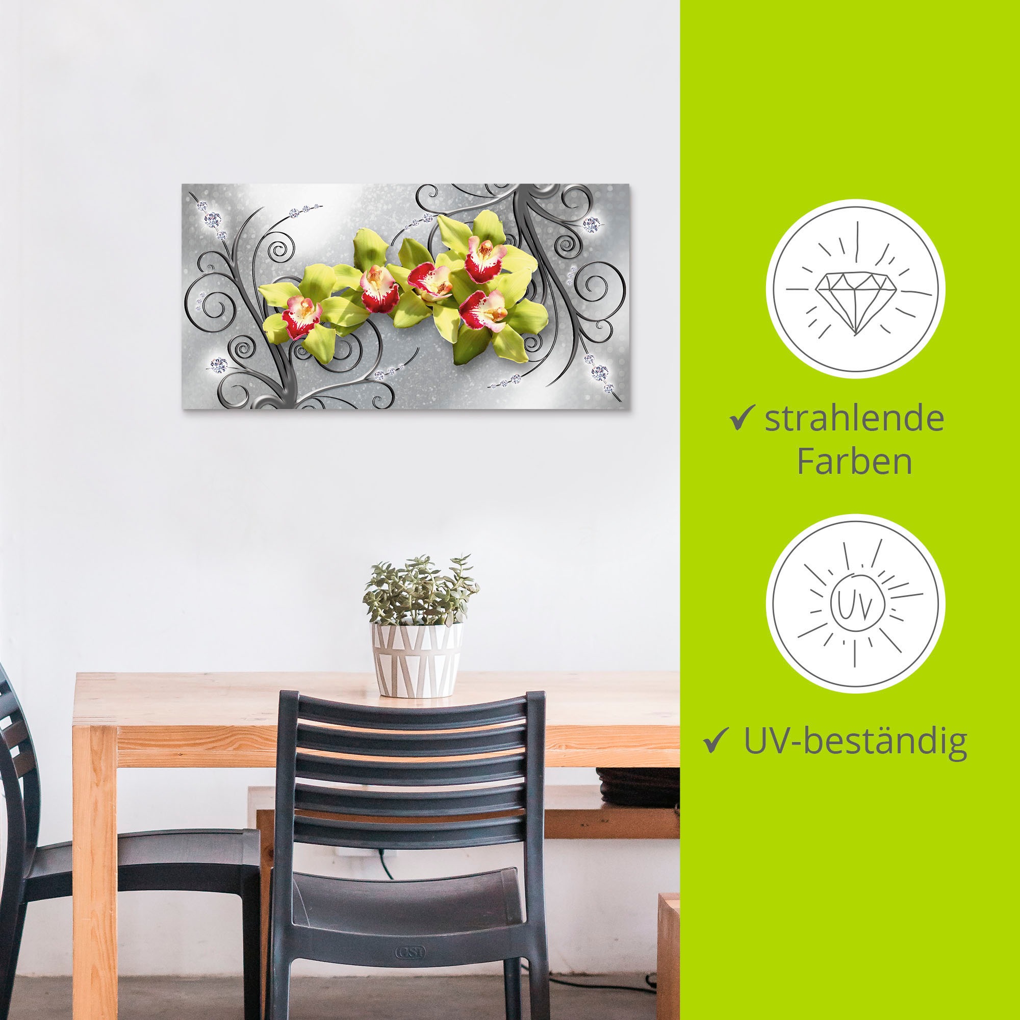 Artland Wandbild »Grüne Orchideen auf Ornamenten«, Blumenbilder, (1 St.), als Alubild, Outdoorbild, Leinwandbild, Poster, Wandaufkleber