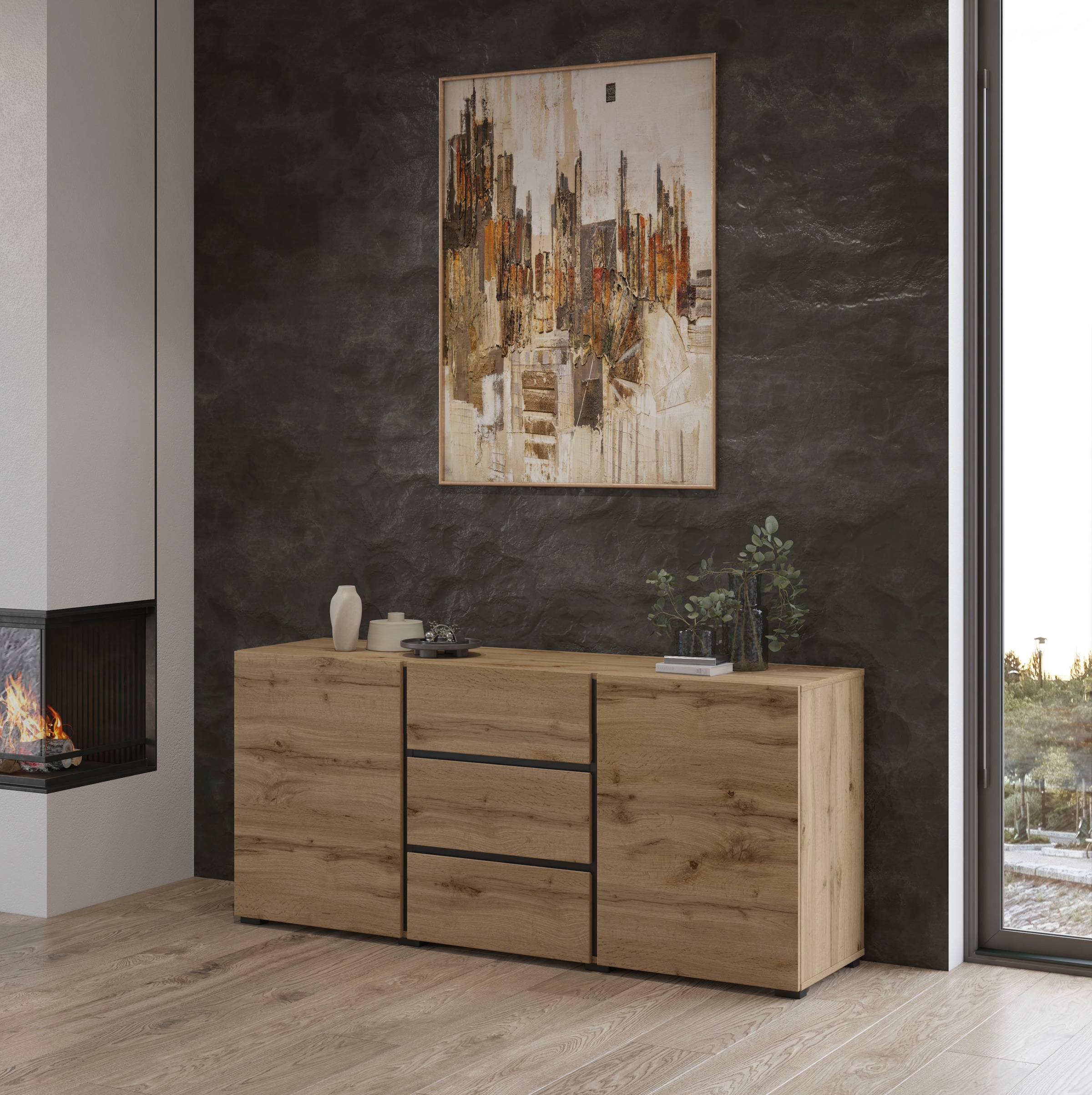 INOSIGN Sideboard »Cross, Breite 150 cm, moderne grifflose Kommode, 2Türen/3 Schubkästen« Schubladenkommode mit viel Stauraum, Einlegeböden verstellbar