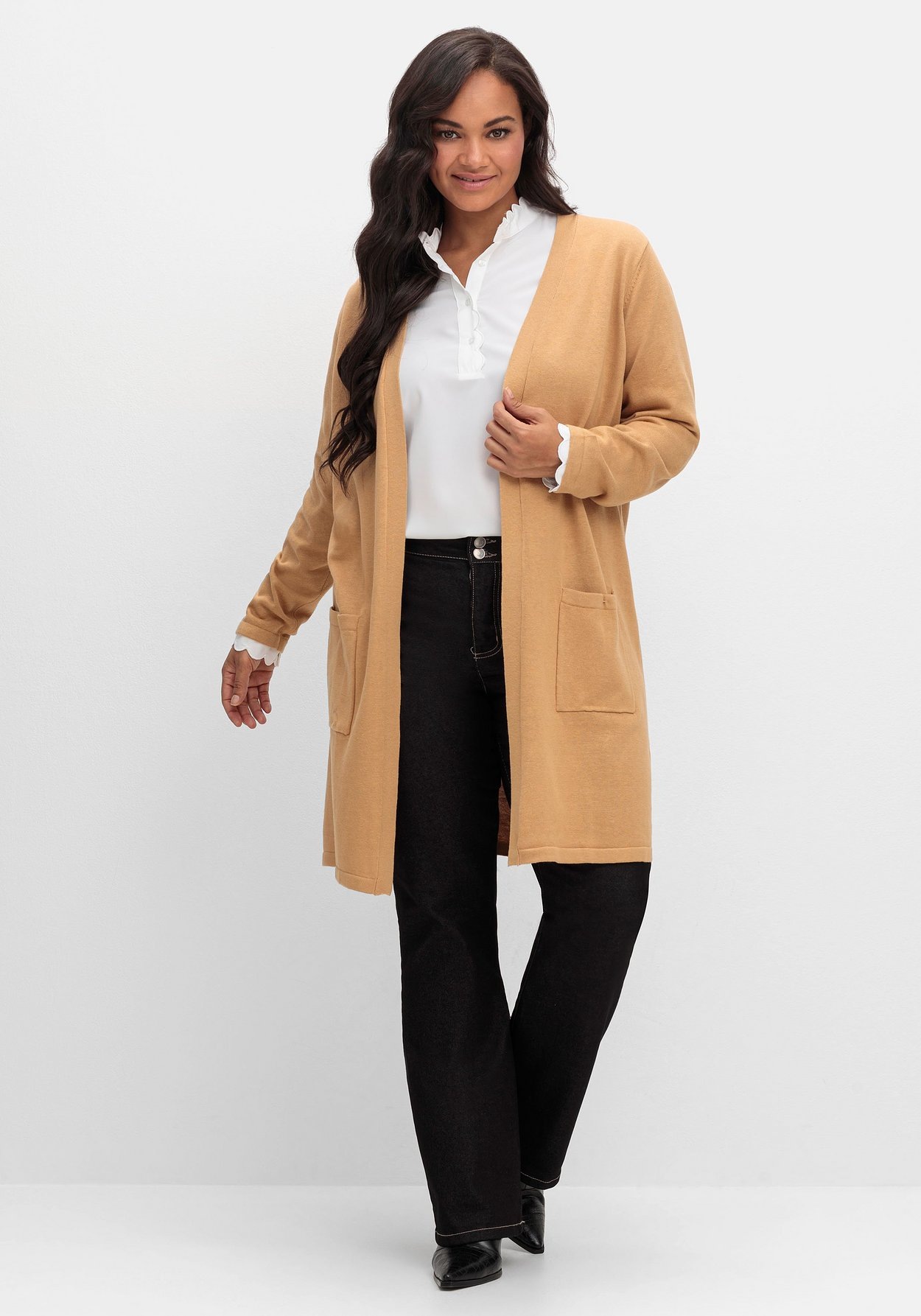 Sheego Longstrickjacke »Lange Strickjacke in offener Form, mit Taschen«, in offener Form, mit Taschen