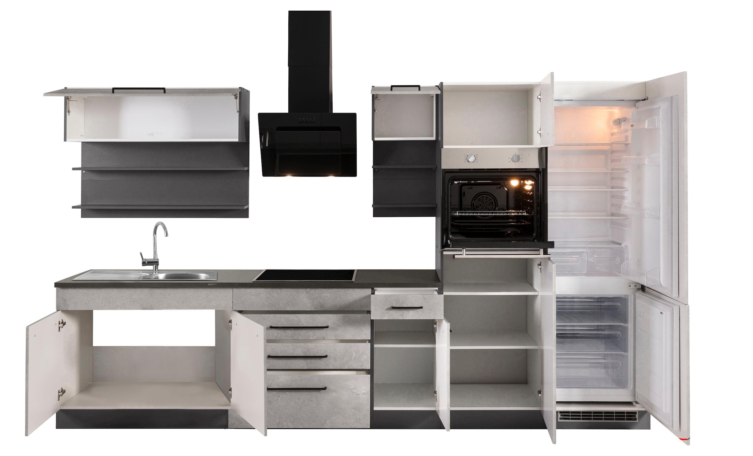 KOCHSTATION Küchenzeile »KS-Tulsa«, mit E-Geräten, Breite 350 cm, schwarze Metallgriffe, MDF Fronten