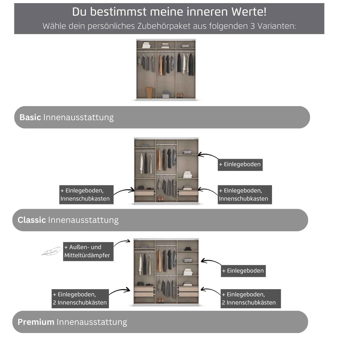 rauch Kleiderschrank »Schwebetürenschrank OTTO´s Choice Garderobe Schrank TOP ANGEBOT Avola«, (in 3 verschiedenen Ausstattungen BASIC/CLASSIC/PREMIUM inkl. Spiegel), mit eleganten Zierleisten in Chrom, Schwarz oder Weiß MADE IN GERMANY