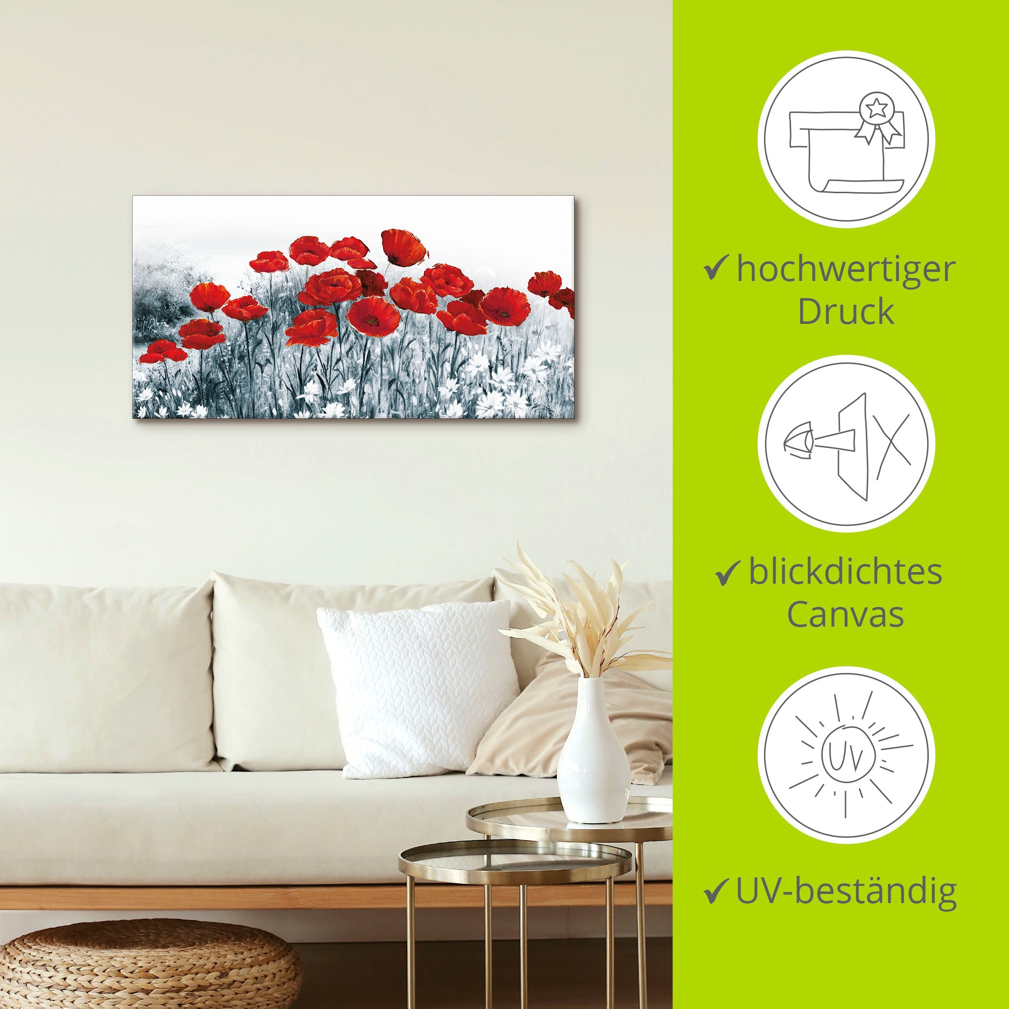 Artland Wandbild »Roter Mohn im Feld«, Blumen, (1 St.), als Leinwandbild in verschied. Größen