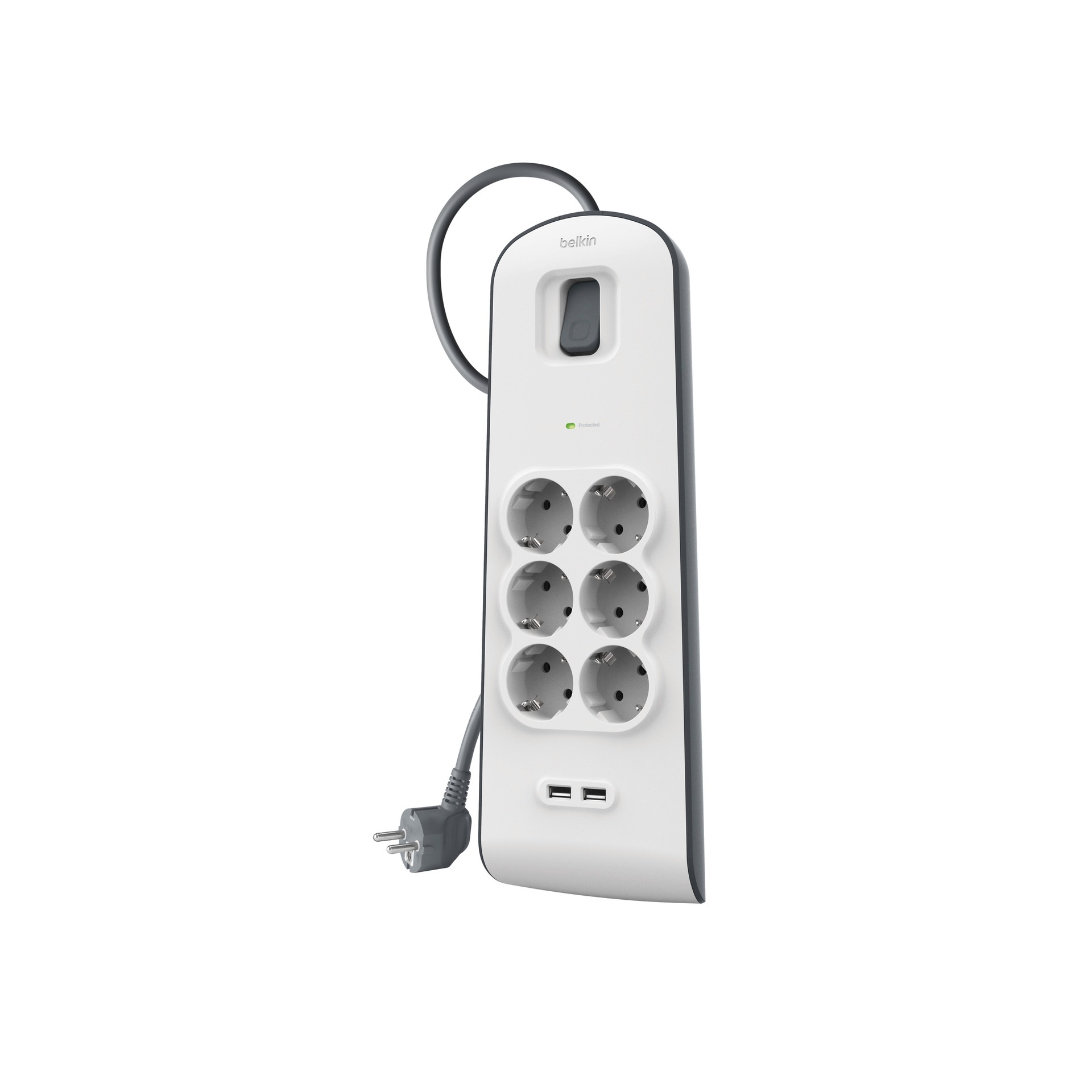 Belkin Steckdosenleiste »6fach-Steckdosenleiste mit Überspannungsschutz, 2-m-Kabel und USB-A«, 6-fach, (Ein- / Ausschalter Überspannungsschutz Kabellänge 2 m), 2 USB-Anschlüsse mit maximal 2,4 A