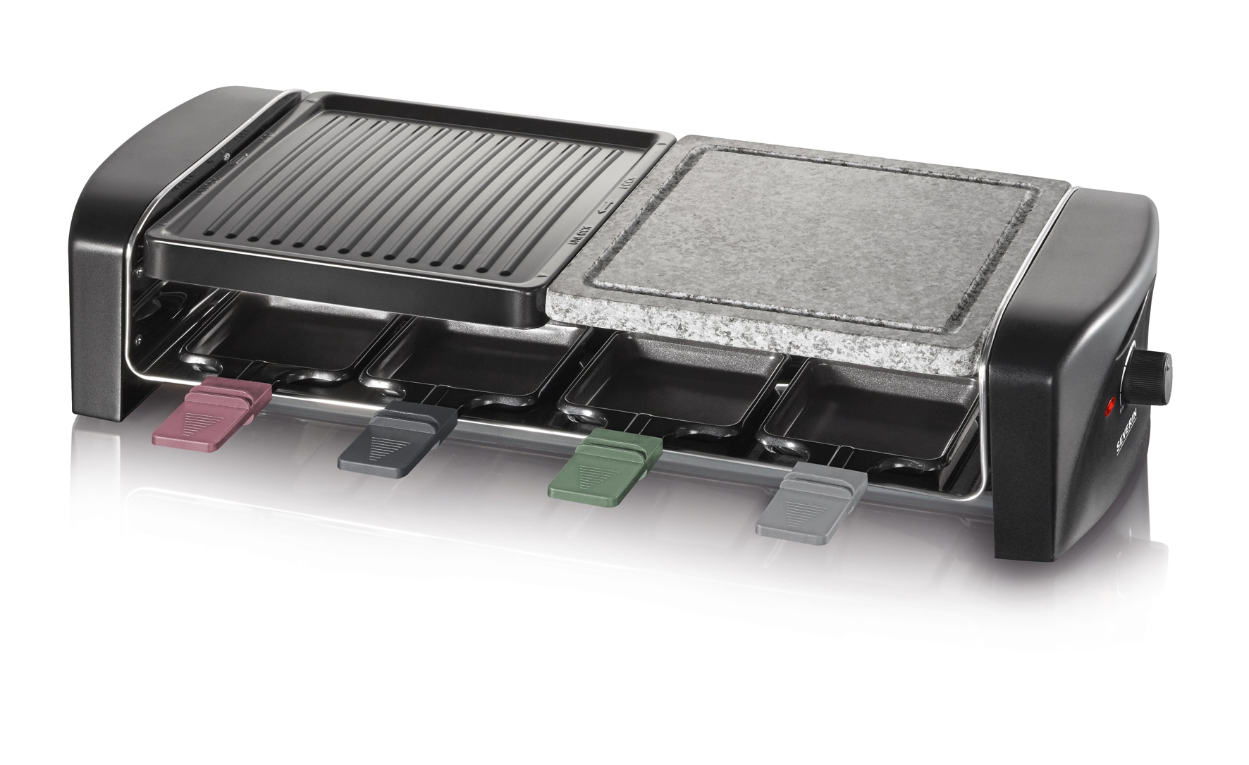 Severin Raclette »RG 9645« 8 Stk. Raclettepfännchen 1.400 W Naturgrillstein & antihaftbeschichtete Grillplatte, 8 Personen, 1400W