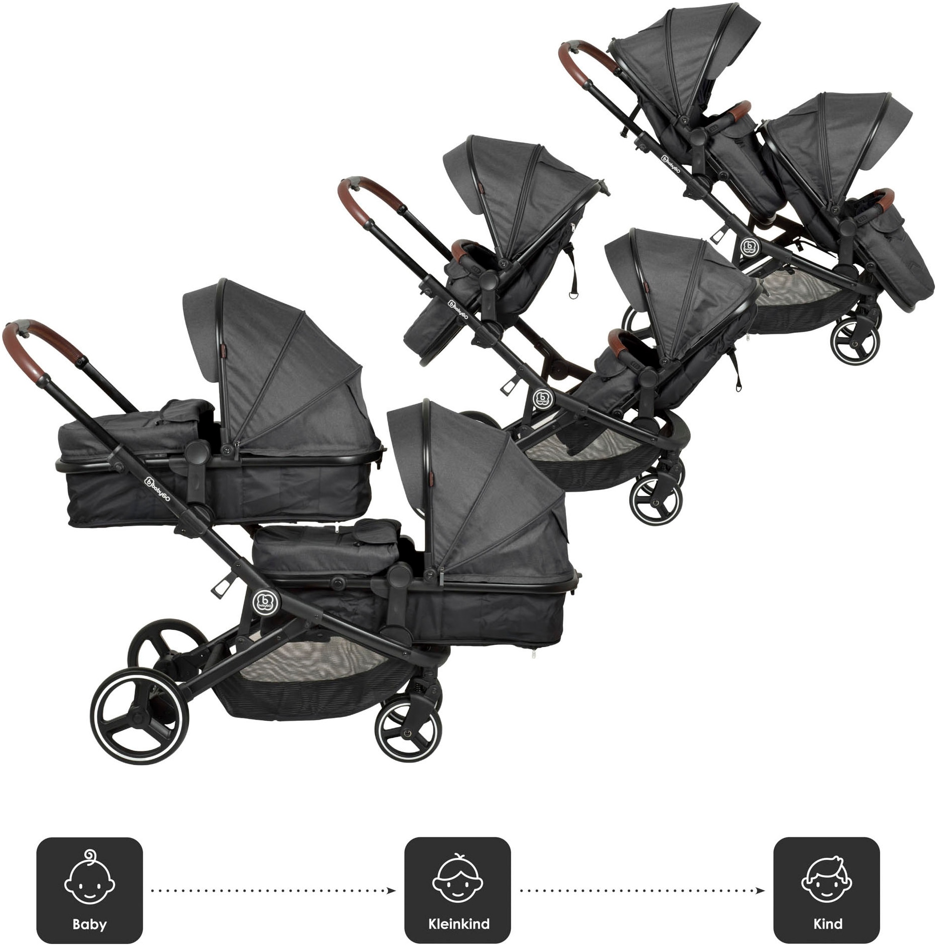 BabyGo Zwillings-Kombikinderwagen »Twinner Set, Grey melange«, 30 kg, inkl. 2 Regenhauben, Wickeltasche