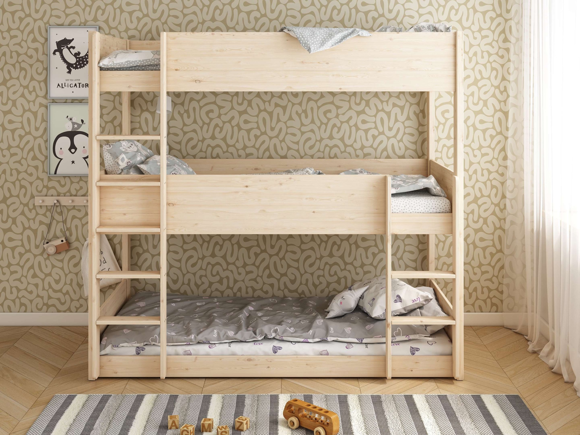 Lüttenhütt Etagenbett »TIPO BESTSELLER! Stockbett, Hochbett, Bodenbett, platzsparend« Leitern beidseitig montierbar,  mit 3 Schlafplätzen, FSC® zertifiziertes Massivholz (Kiefer)