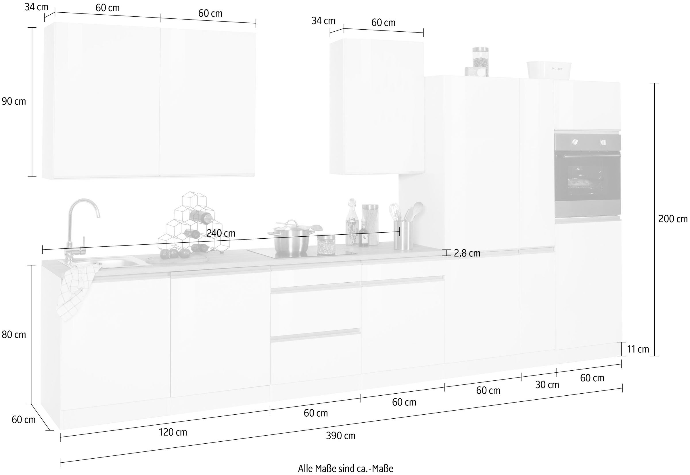 KOCHSTATION Küchenzeile »KS-Ohio«, ohne E-Geräte, Breite 390 cm
