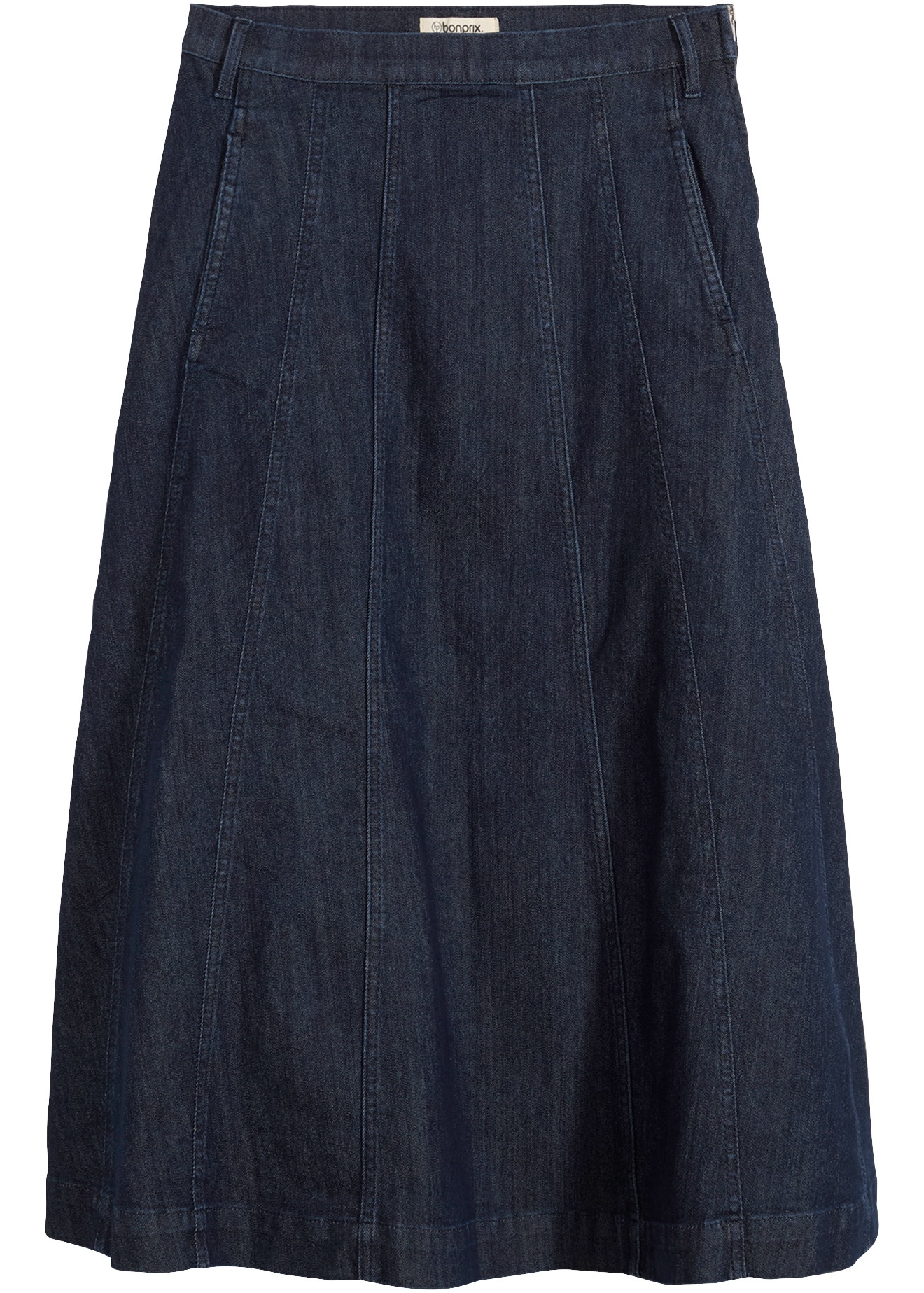 bonprix Jeansrock aus elastischem Material, ausgestellte Passform, Midi-Länge
