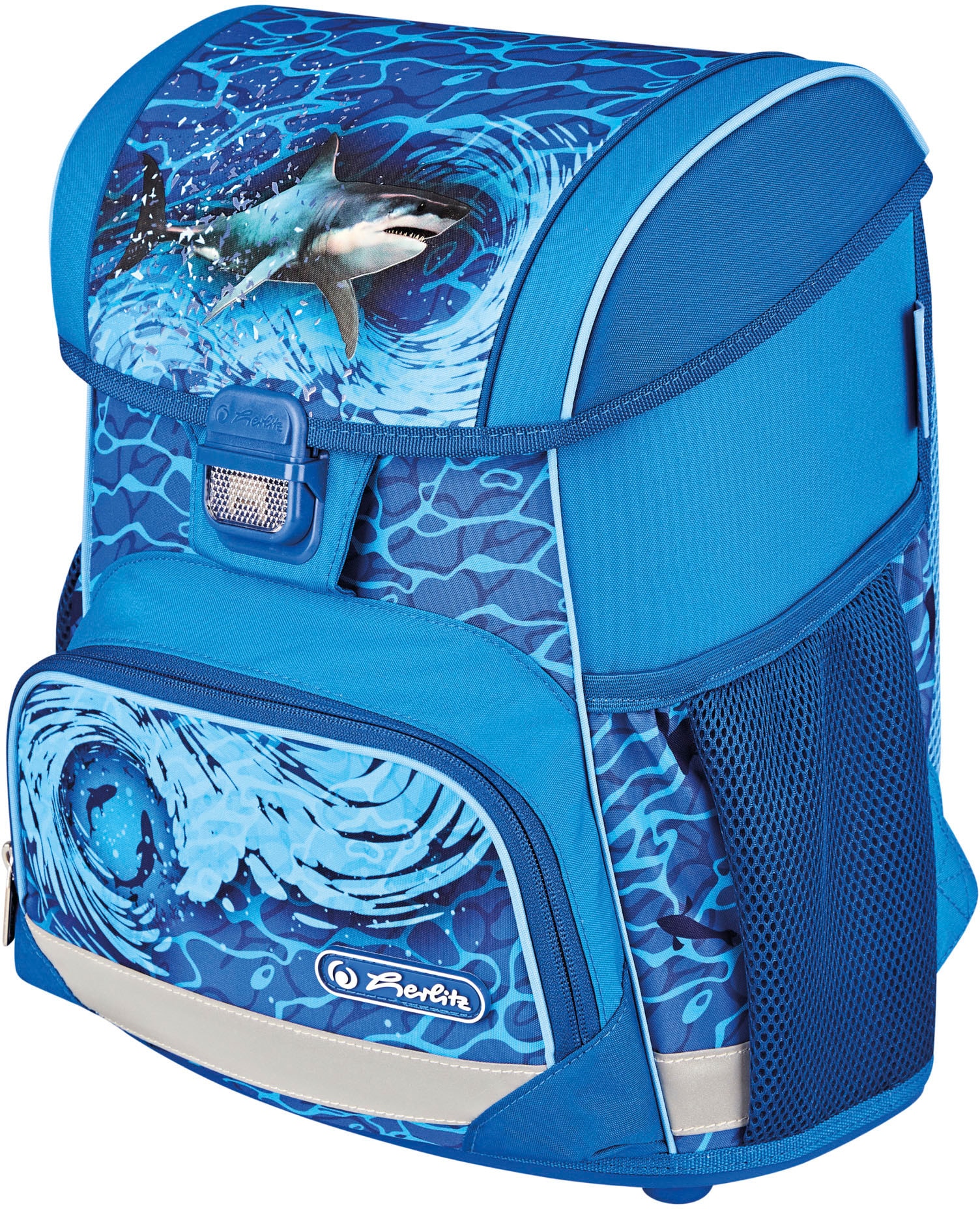 Herlitz Schulranzen »Loop Plus, Blue Shark«, Floureszierende Flächen-reflektierende Streifen auf den Schultergurten-Reflektoren