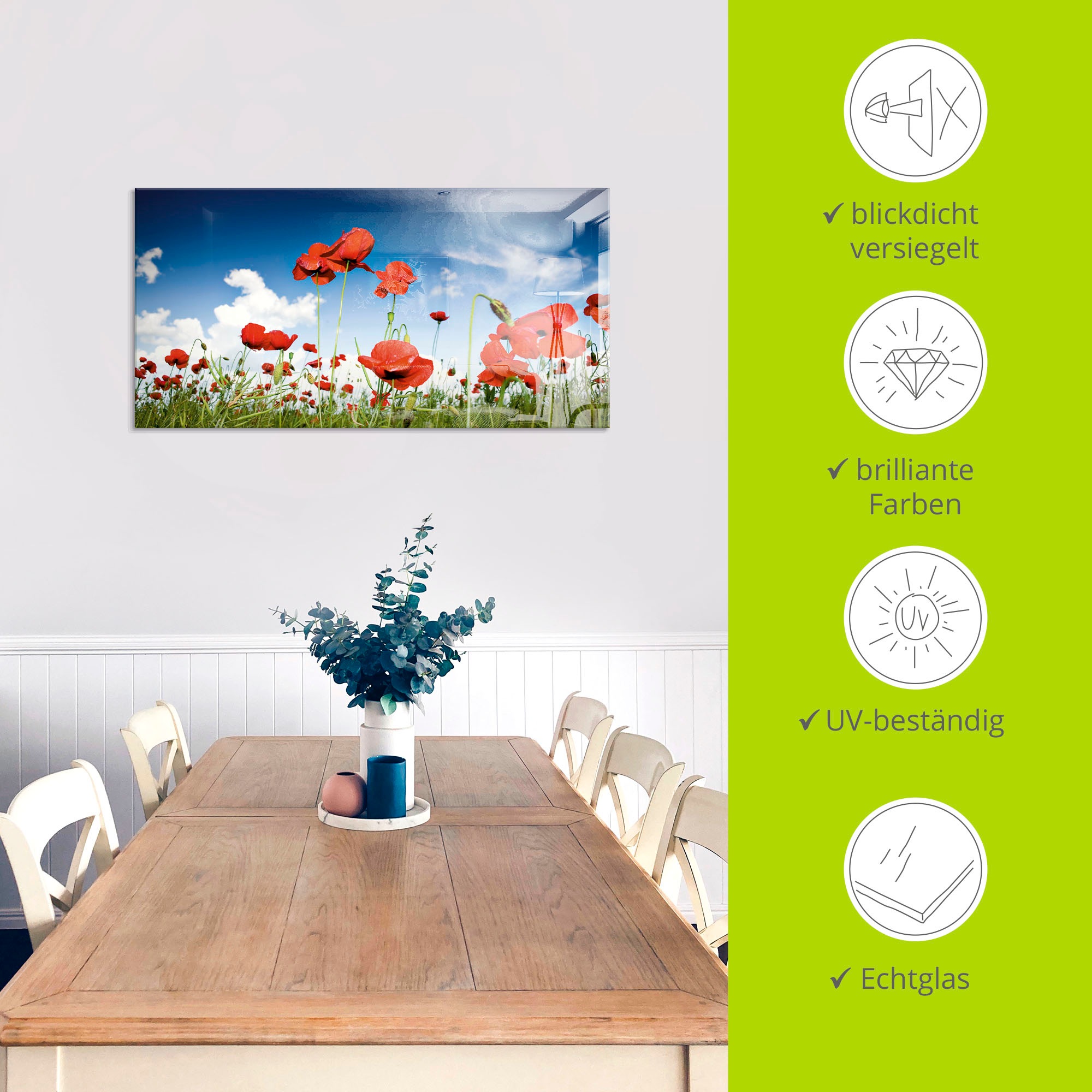 Artland Glasbild »Feld mit Mohnblumen unter Himmel«, Blumenwiese, (1 St.), in verschiedenen Größen