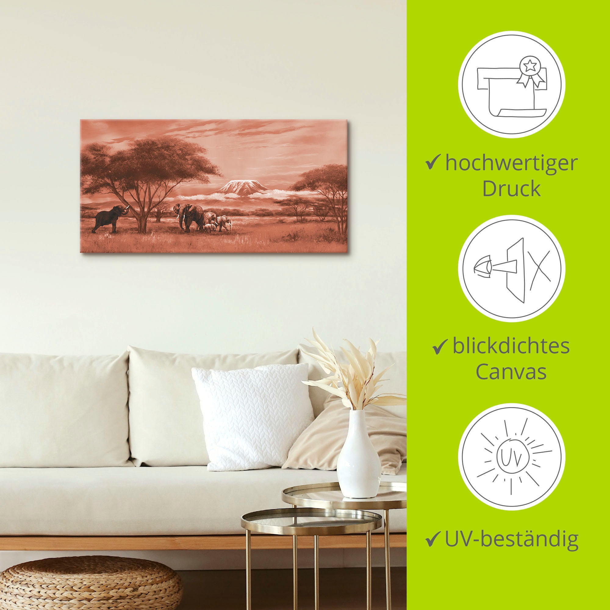 Artland Wandbild »Elefanten am Kilimandscharo«, Bilder von Afrika, (1 St.), als Leinwandbild, Wandaufkleber oder Poster in versch. Größen