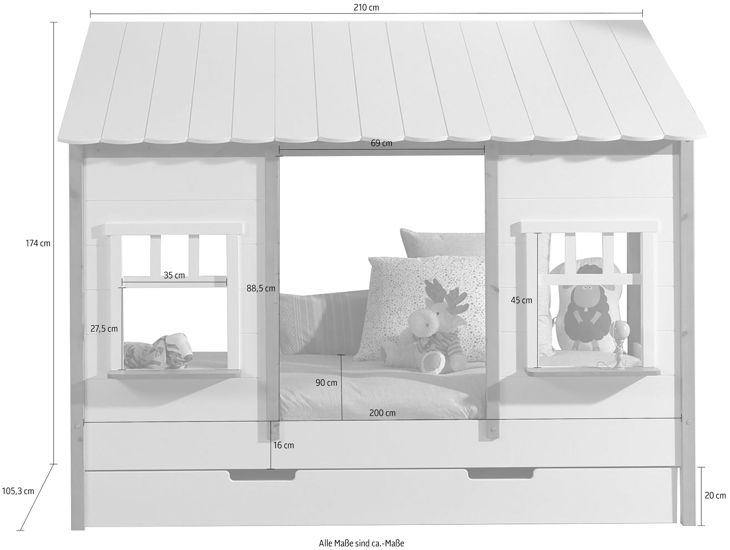 Vipack Kinderbett »Hausbett, aus MDF und Massivholz weiß lackiert mit farblichen Absatz«, (B/H/T ca. 214,5x174x107,5cm, vorne 2 Fenster, mit Liebe zum Detail), inkl. Rolllattenrost, wahlweise mit oder ohne Bettschublade auf Rollen