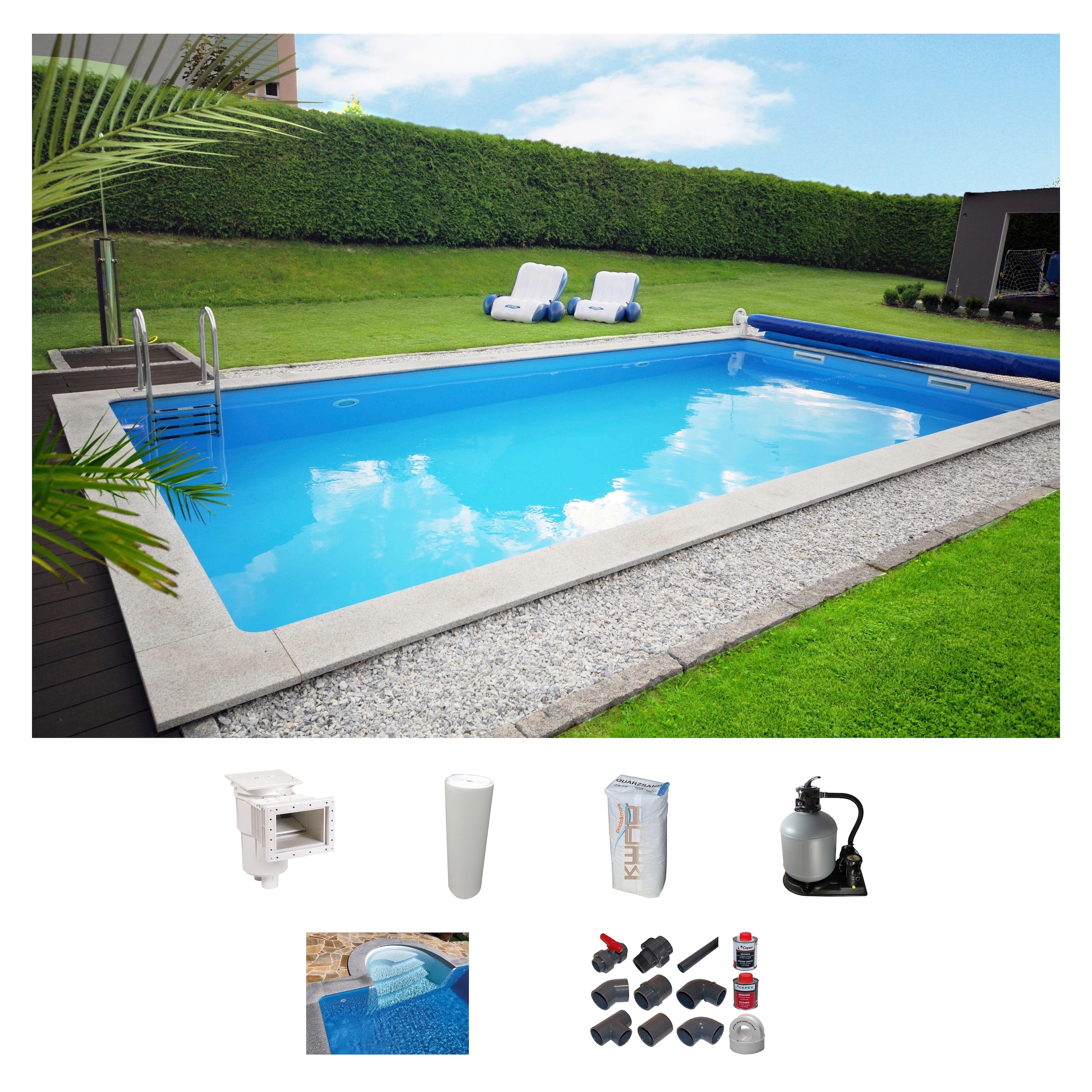 Rechteckpool »mit Römertreppe«, (Set), 8x4, 7x3,5 oder 6x3m Höhe: 1,50m, mit...