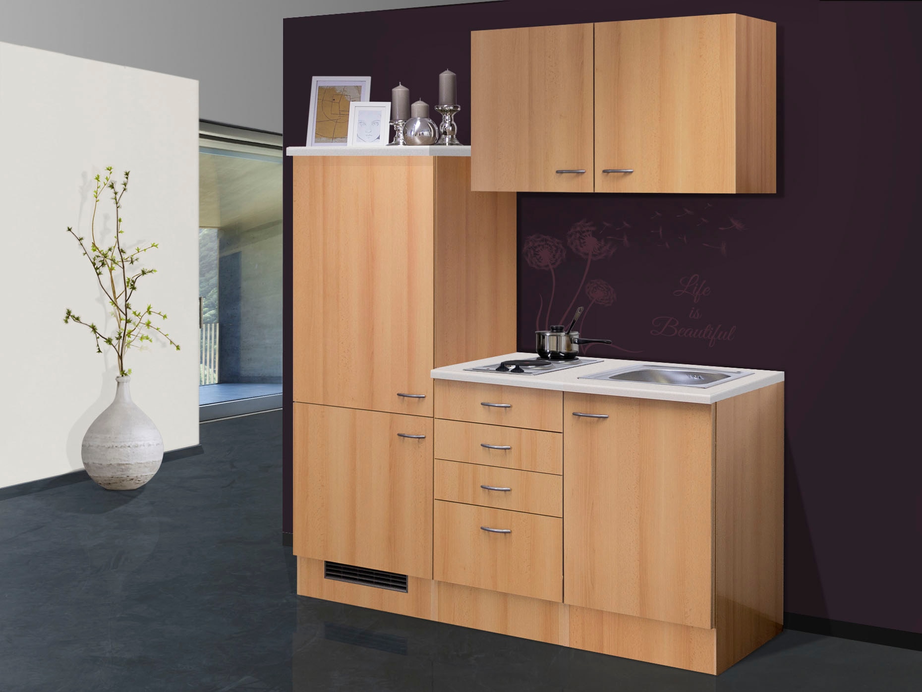 Flex-Well Küchenzeile »Nano«, Gesamtbreite 160 cm, mit Einbau-Kühlschrank, Kochfeld und Spüle etc.