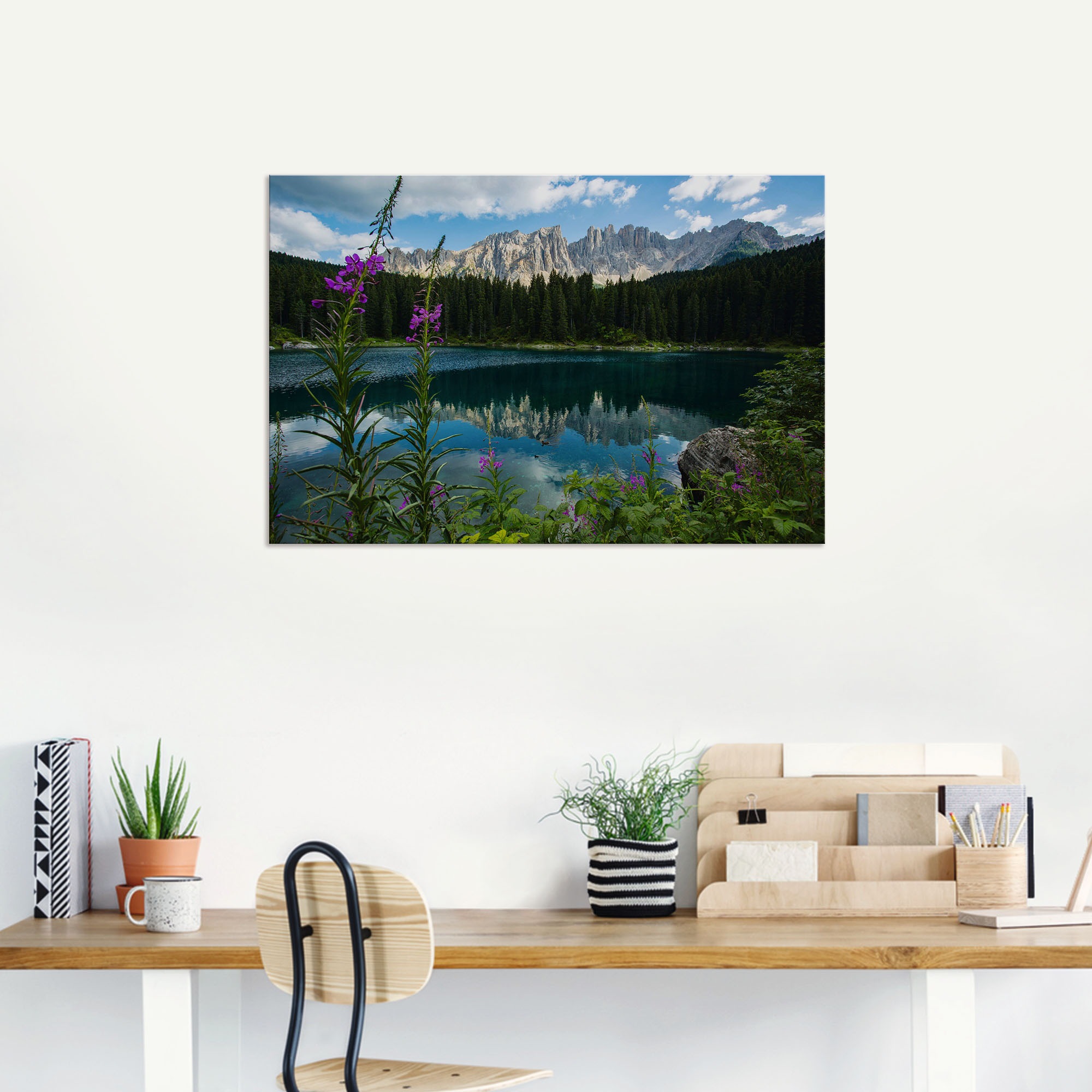 Artland Alu-Dibond-Druck »Berge Latemar spiegeln sich im Karersee«, Seebilder, (1 St.), für Innen- und Außenbereich geeignet, Outdoorbild