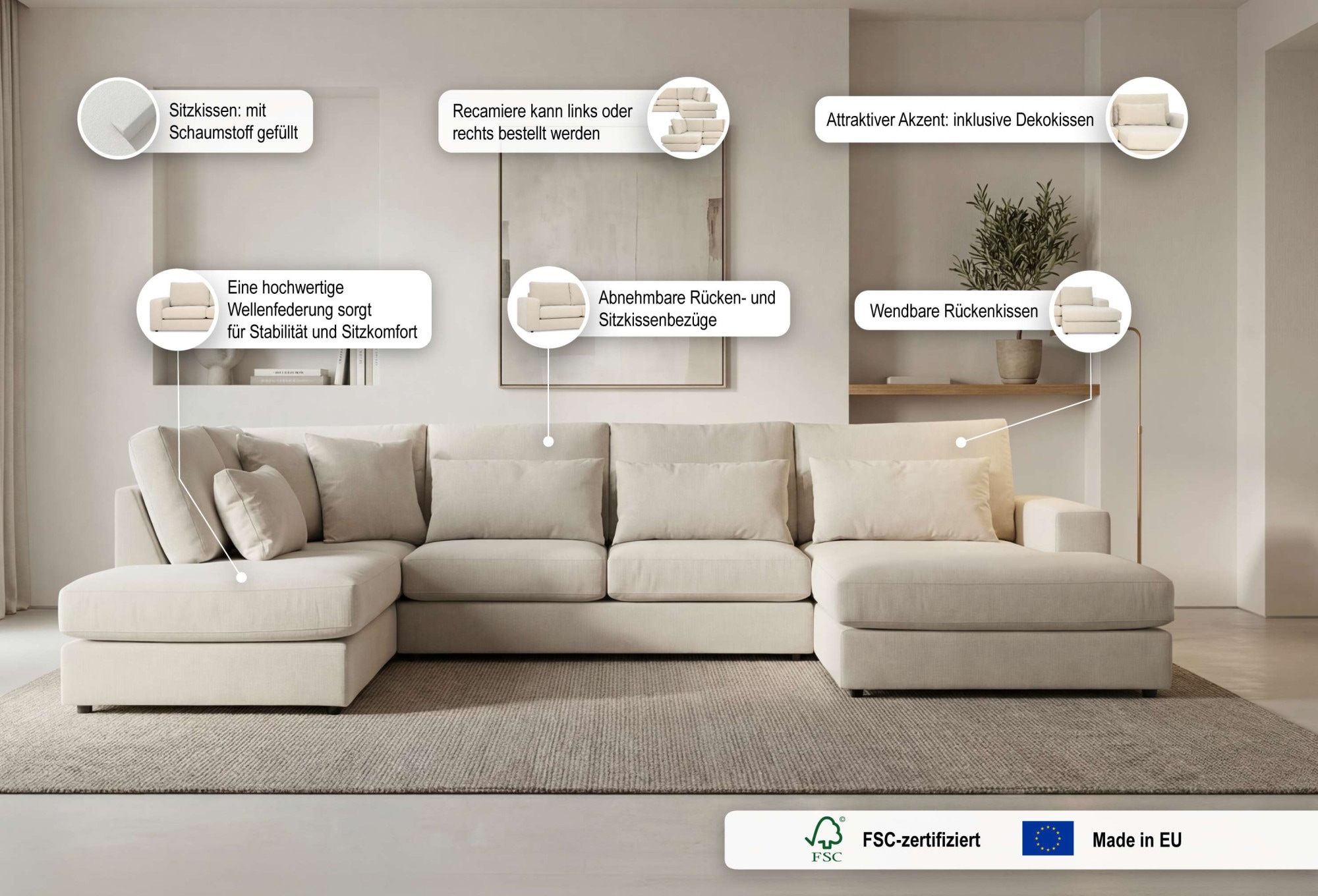 OTTO home Wohnlandschaft »Nivette, weiches Chenille« Breite 386 cm, U-Form, bodentief, 6 Zierkissen inkl.