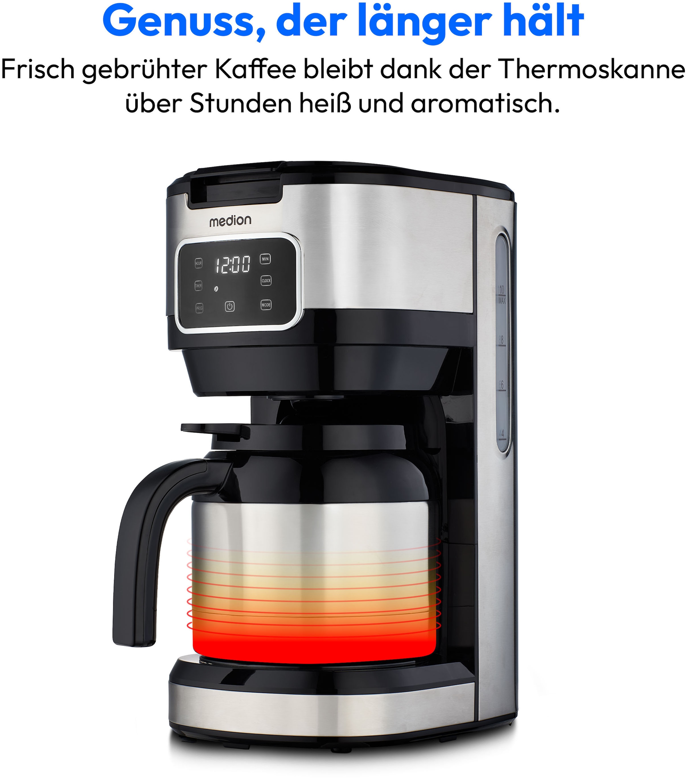 Medion® Filterkaffeemaschine »MD 11019«, 1,25 l Kaffeekanne, Permanentfilter, 900 Watt, Touch-Sensor-Bedienfeld, 24 Stunden Timer, Permanentfilter
