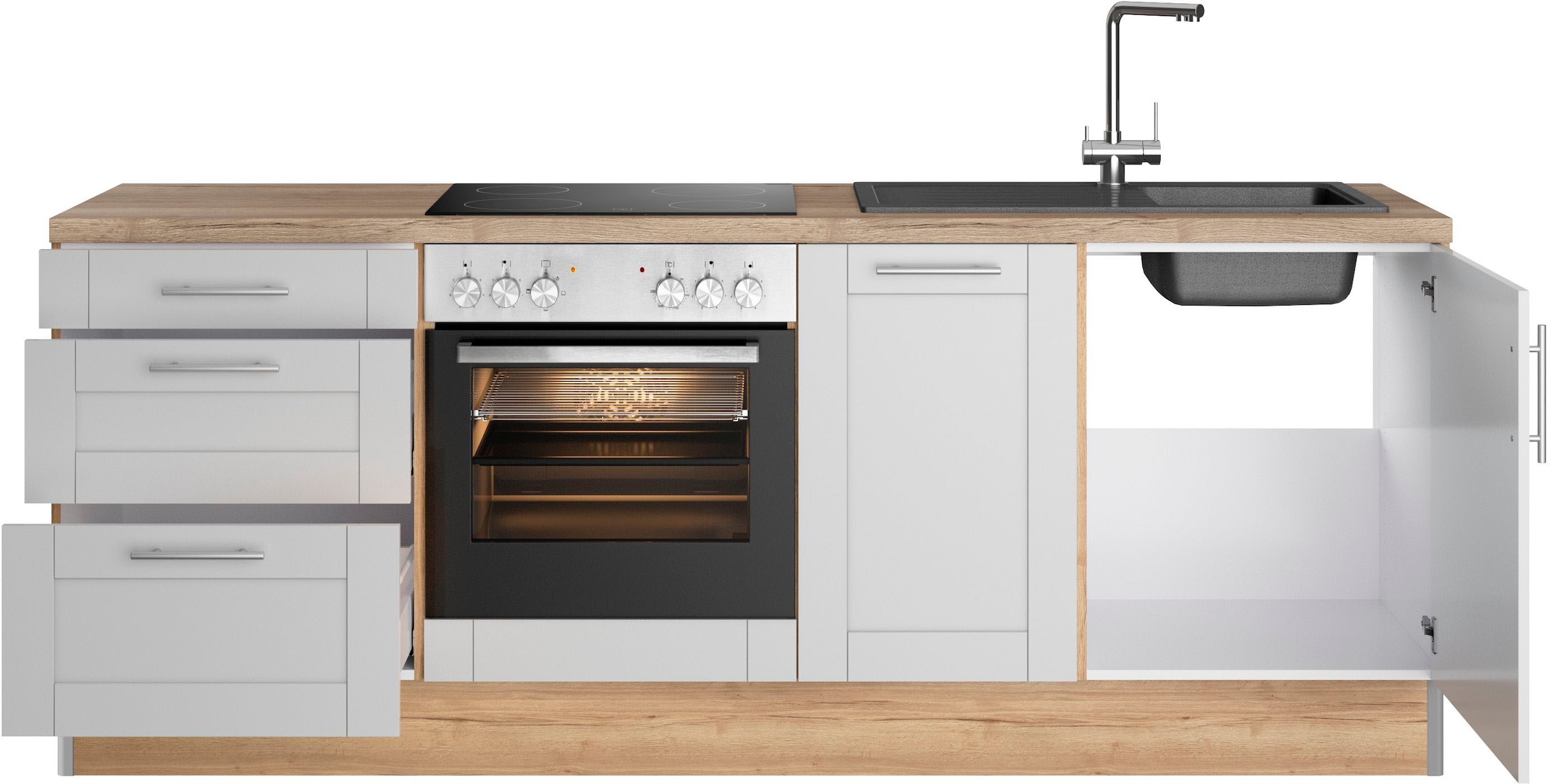 KOCHSTATION Küchenzeile »KS-Ahus«, 225 cm breit,wahlweise mit E-Geräten,Soft Close Funktion, MDF Fronten