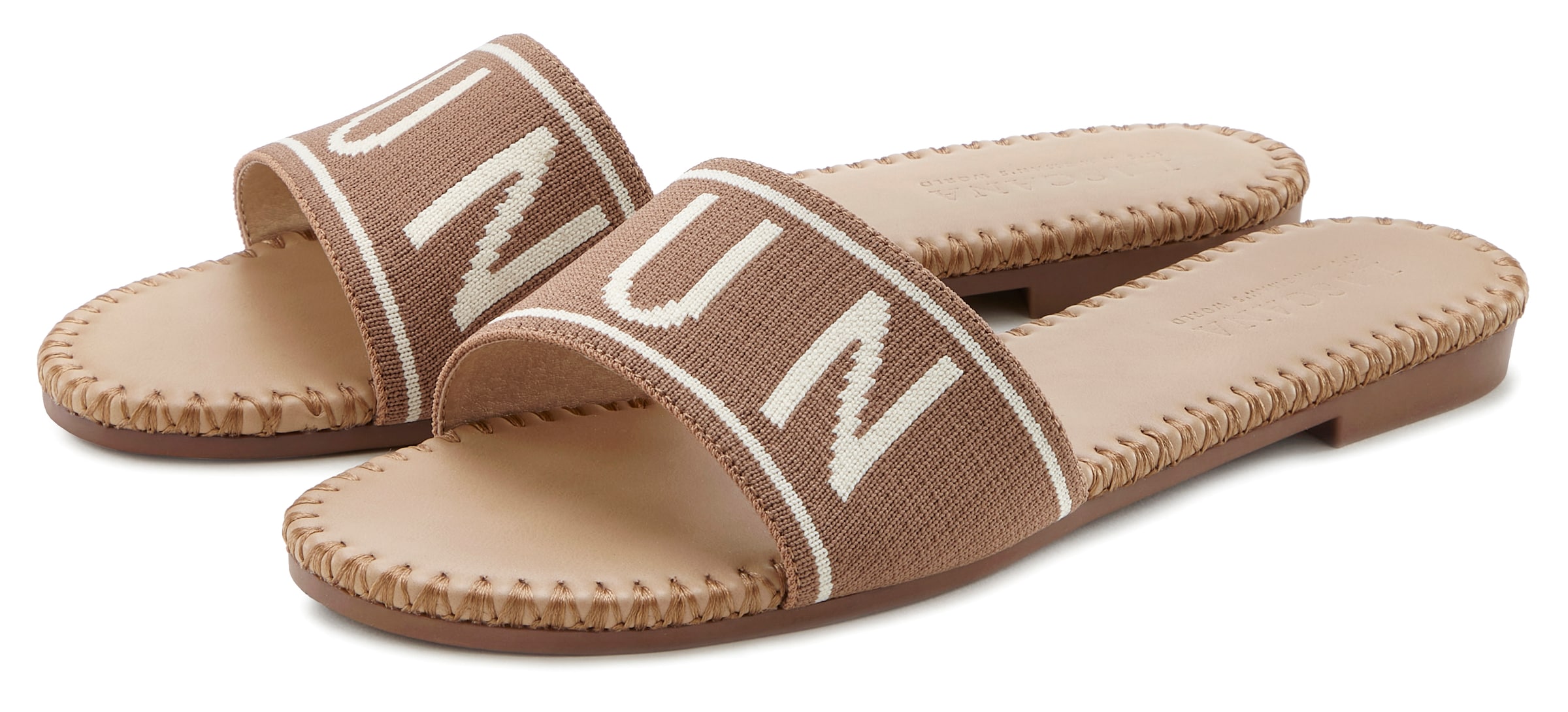 LASCANA Pantolette, Mule, Sandale, offener Schuh aus Textil mit modischem Schriftzug VEGAN