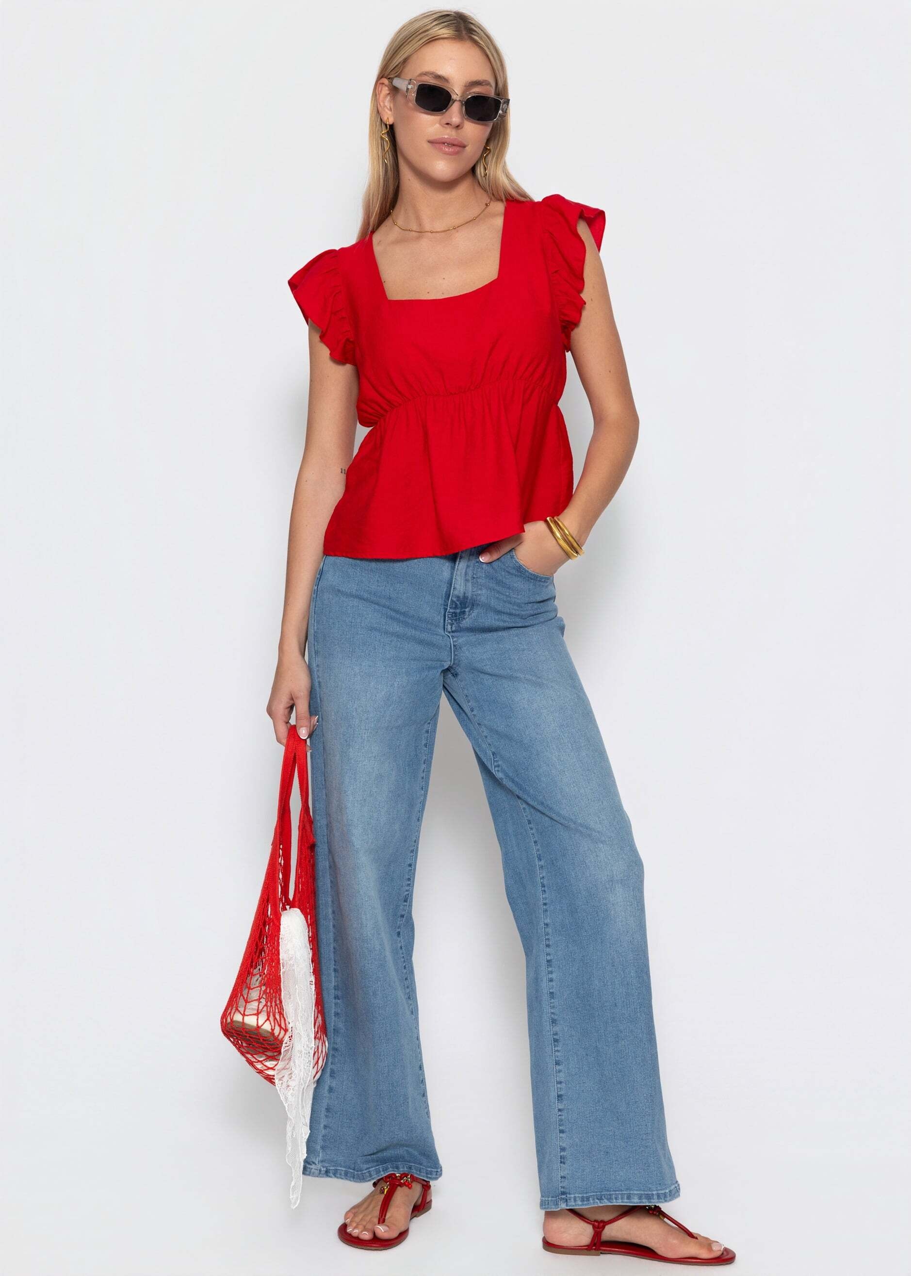 SASSYCLASSY T-Shirt »Blusentop mit Rüschenärmeln« Feminines Top mit eckigem Ausschnitt und elastischer Tailennaht Rot