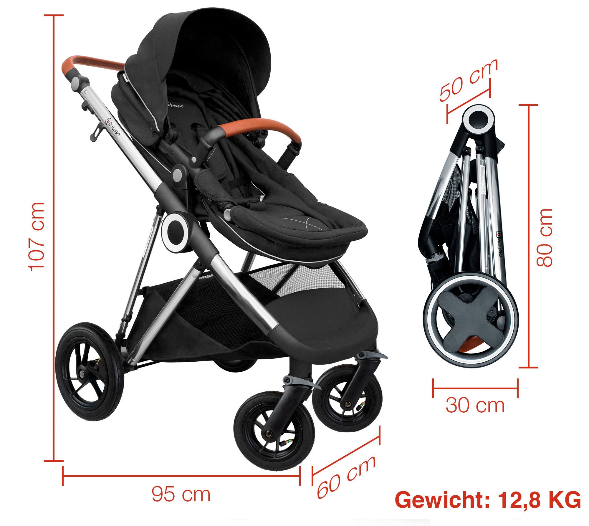 BabyGo Kombi-Kinderwagen »Halime AIR 3in1«, mit Luftreifen, inkl. Babywanne, Babyschale, Regenhaube & Wickeltasche