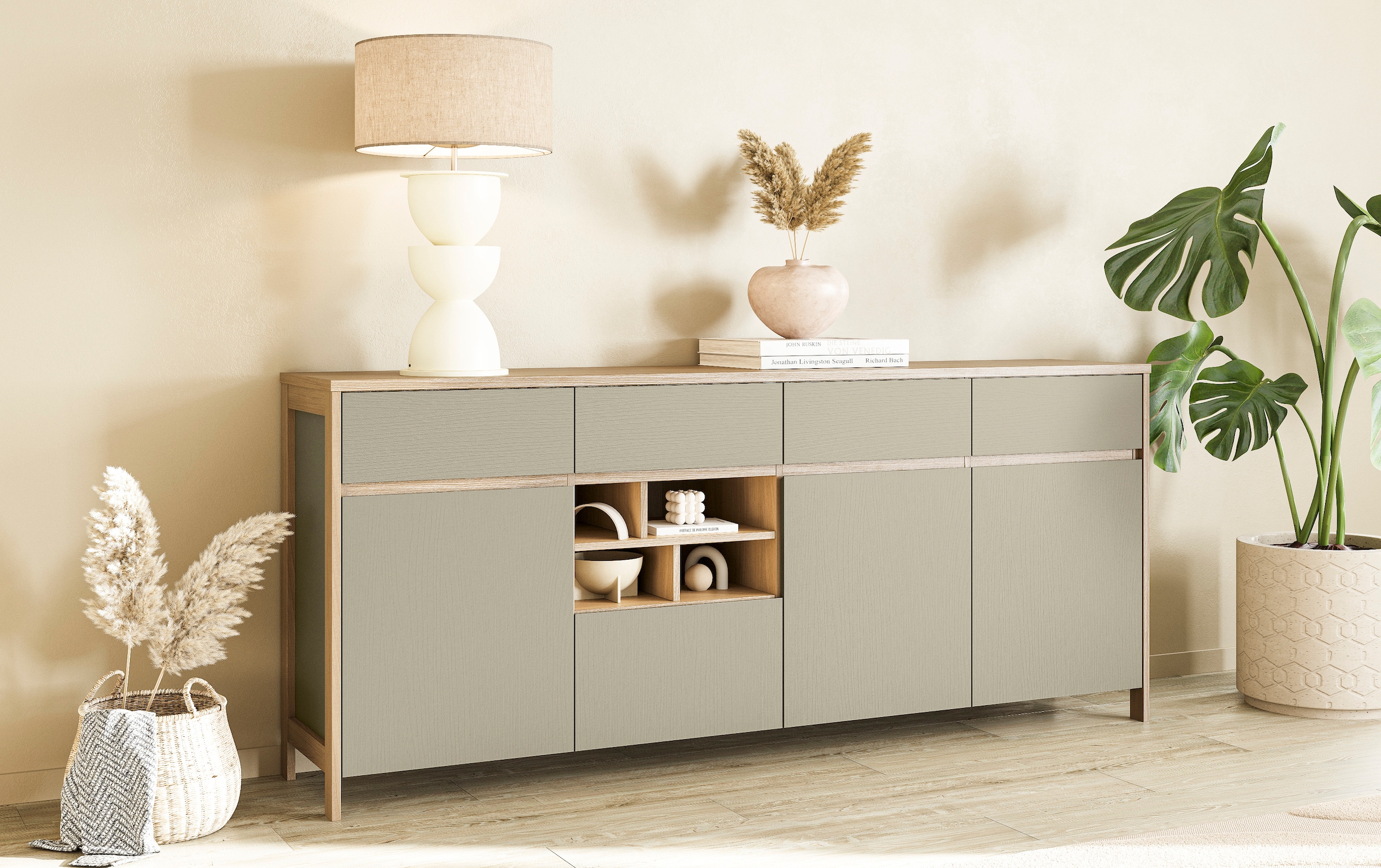Home affaire Sideboard »Stranda, moderner Schrank, Kommode im Scandi-Style, 198 cm breit« elegante Rahmenoptik, ausreichend Stauraum, vielseitig einsetzbar
