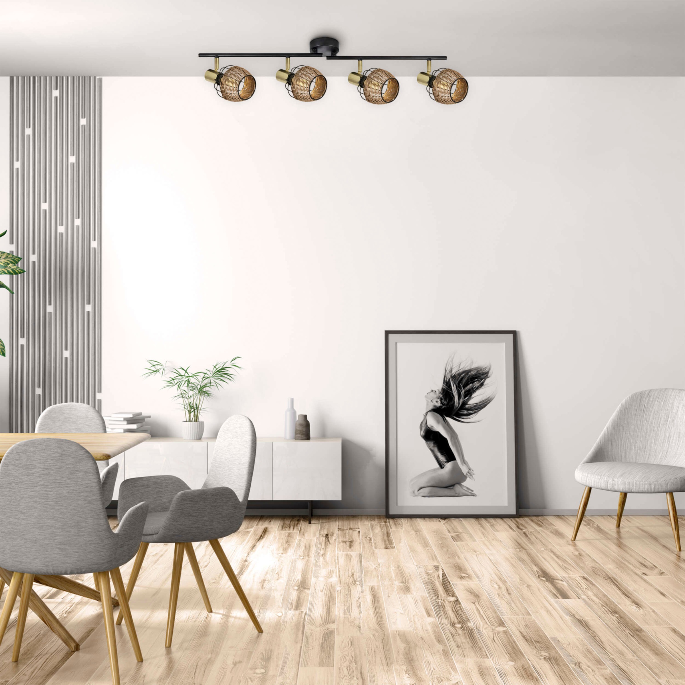näve Deckenspots »Corbis«, 4 flammig, Leuchtmittel E14 | ohne Leuchtmittel, 4 Spots excl. E14 max. 40W schwarz/natur/gold Länge 78cm mit Rattan