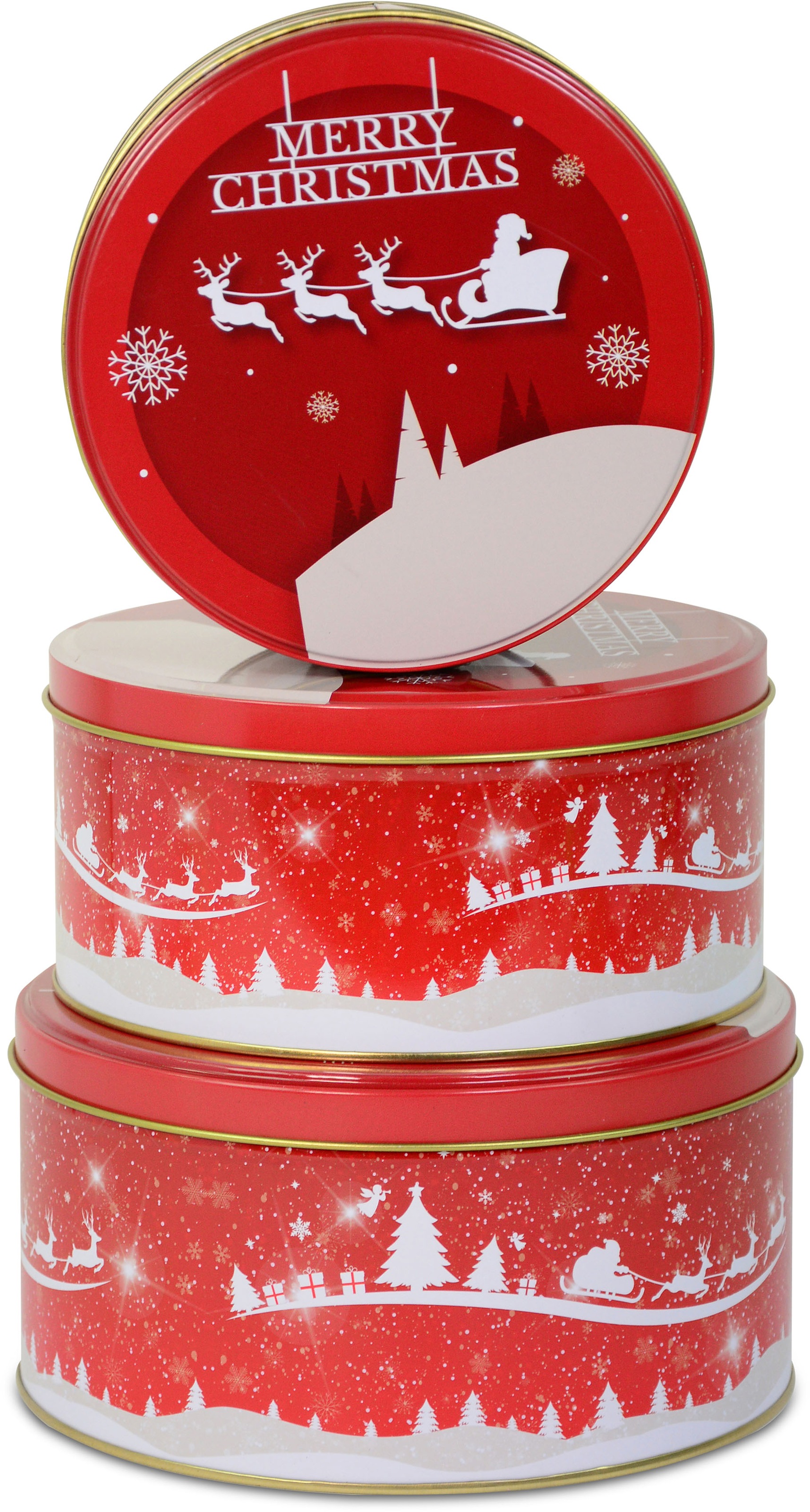 Keksdose »Weihnachtsdeko rot«, (Set, 3 tlg., ineinander stapelbar), rund