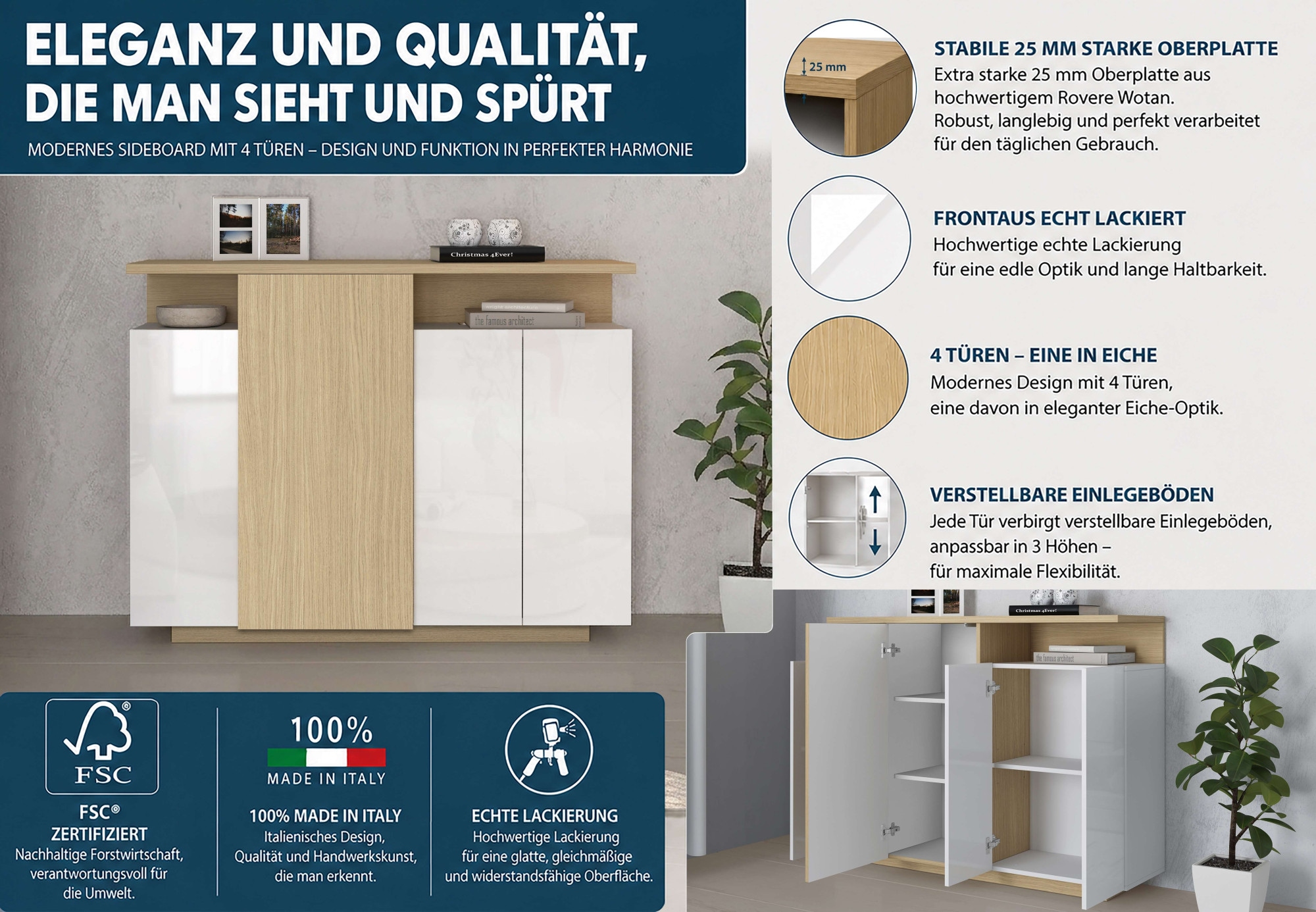 OTTO home Highboard »Highboard ETHOS, Kommode, Schrank, Kredenz« 1 Stk. tlg. Mit 4 Drehtüren, 9 Innenfächern und 2 Außenfächern, B.130 cm
