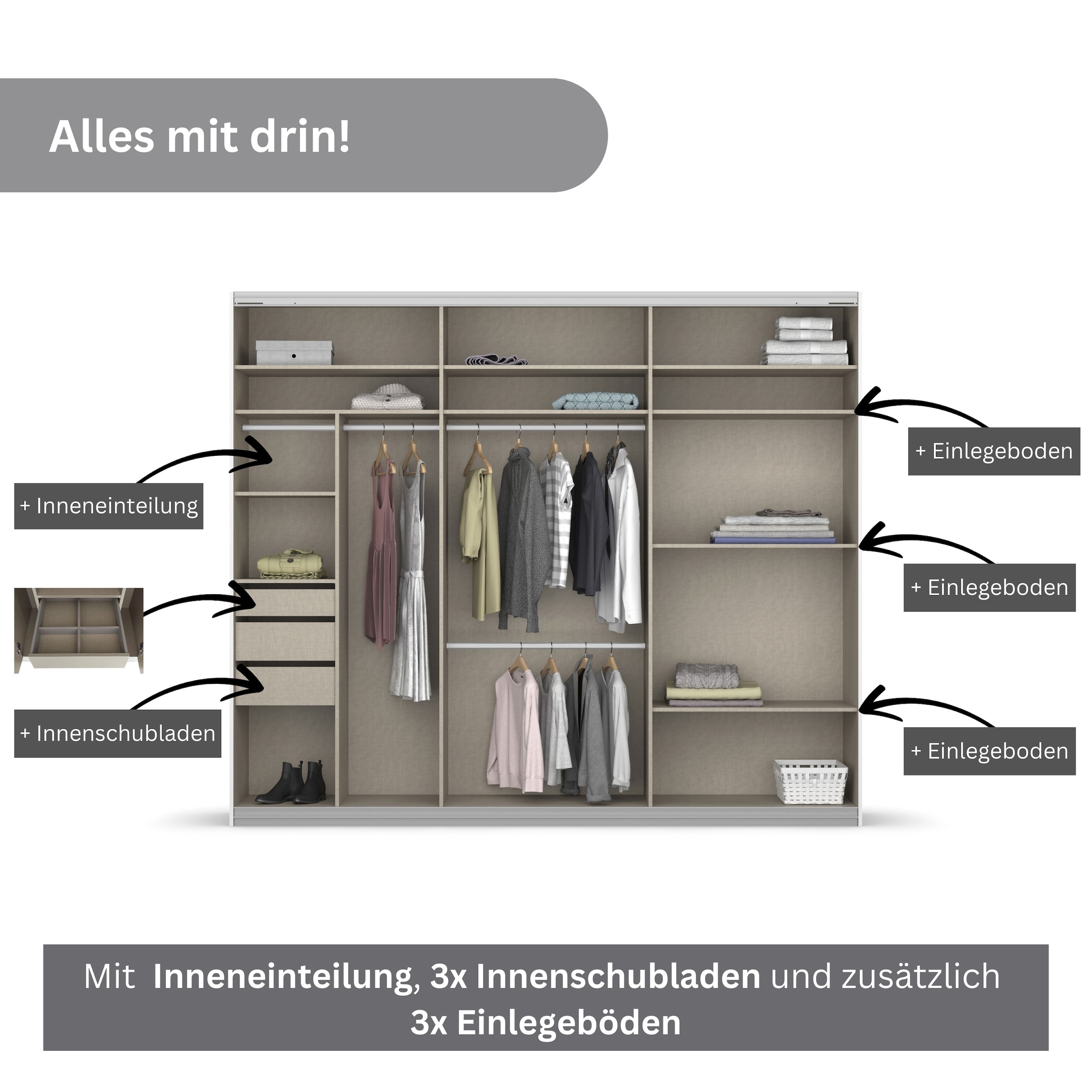 rauch Schwebetürenschrank Oteli inkl. Wäscheeinteilung mit 3 Innenschubladen sowie zusätzlichen Böden