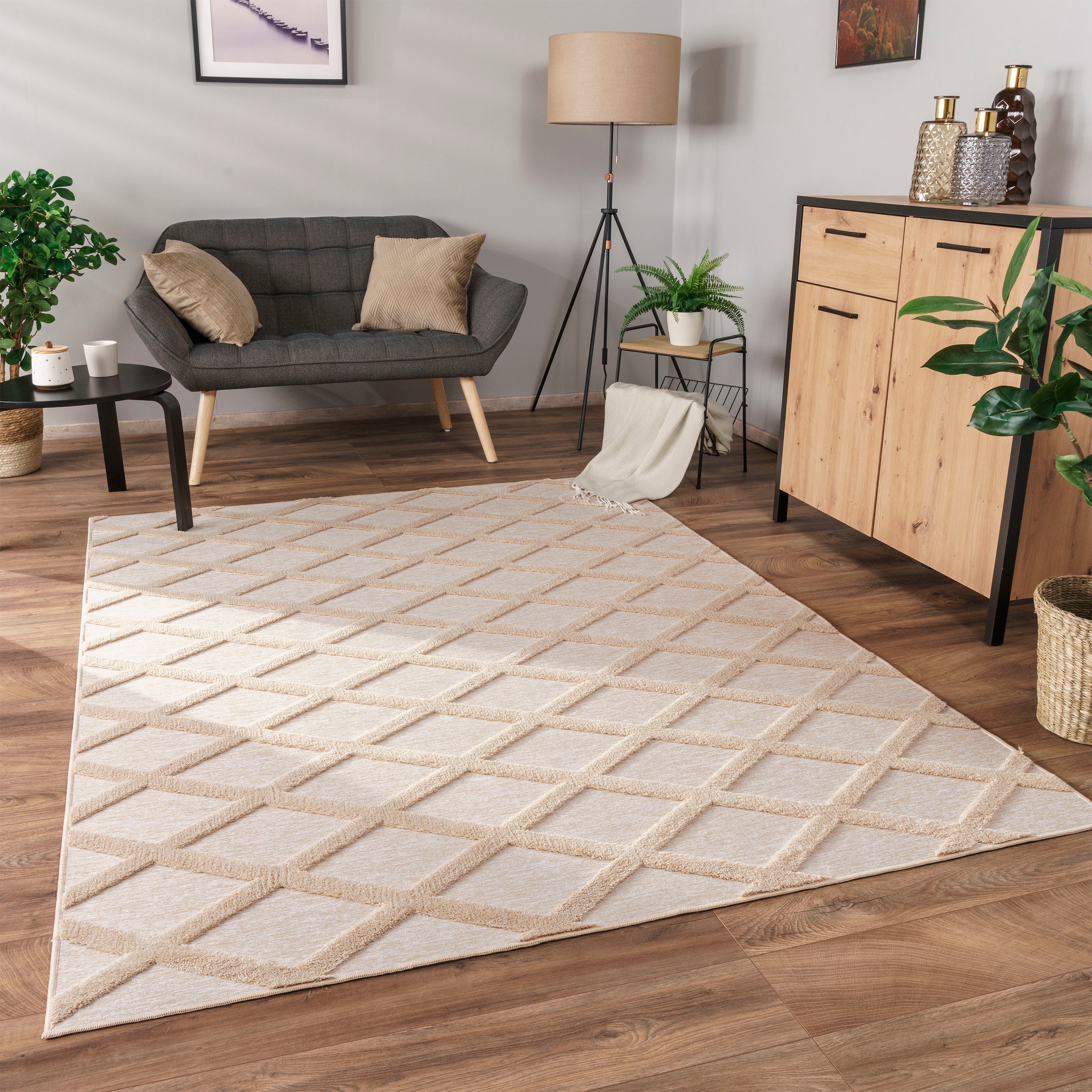 Paco Home Teppich »Utrecht 642«, rechteckig, 4 mm Höhe, Kurzflor, Uni Farben, 3D-Design, Rauten Muster, Hoch-Tief Effekt