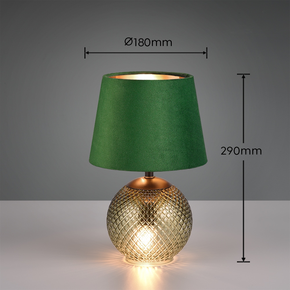 REALITY Leuchten Schreibtischlampe »JONNA, Tischlampe mit beleuchtetem Glasfuß und Samt Schirm exkl 2xE14« E14 1 Stk. warmweiß - kaltweiß Leuchtmittel wechselbar max 10W, Schnurschalter Höhe 29cm Ø 18cm