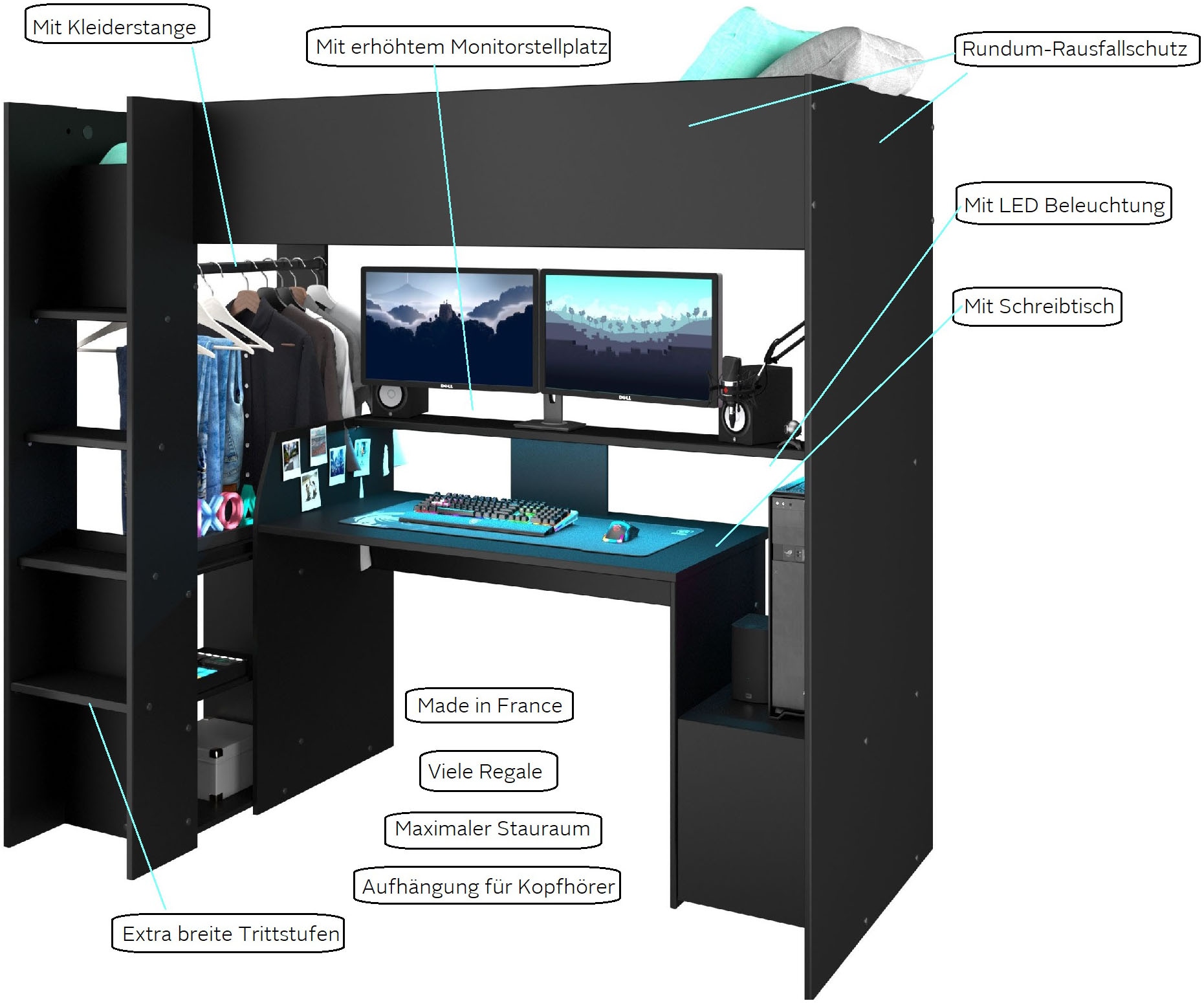 INOSIGN Hochbett »Meddox, NEU! Gamerbett, Jugendbett, LED, Schreibtisch«, (Gesamtaußenmaße B/T/H 203,7/94,4/180 cm), Kleiderstange, viel Stauraum, ideal für kleine Räume, ALL-IN-ONE Bett