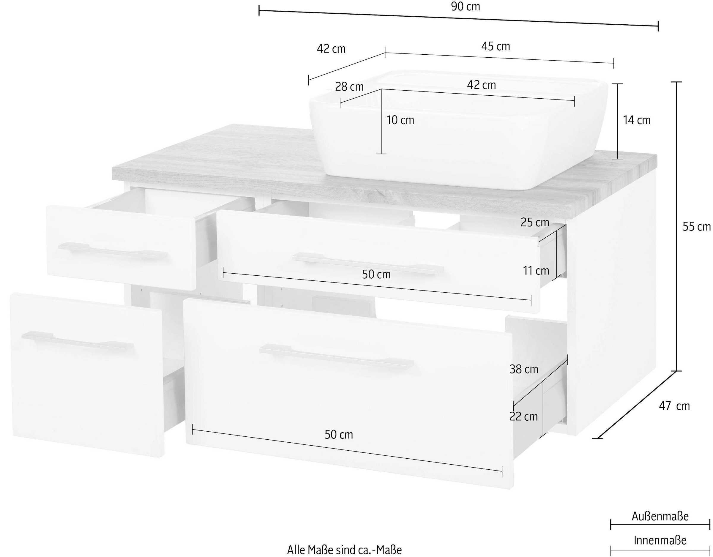 welltime Waschbeckenunterschrank »Davos«, Badmöbel, Waschtisch inkl. Waschbecken, Breite 90 cm
