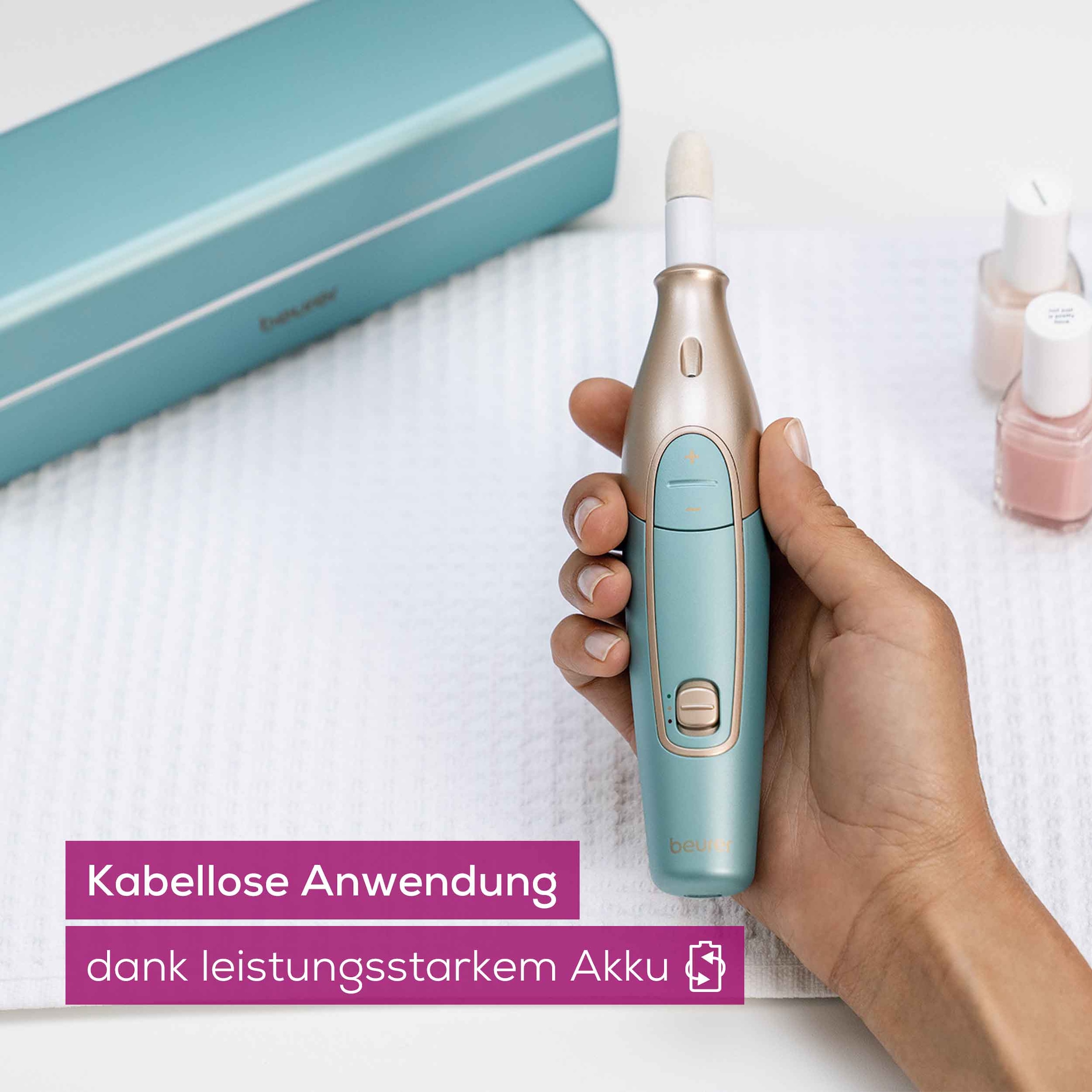 BEURER Maniküre-Pediküre-Set »MP 84 elektrische Nagelfeile, kabellos mit Lade- und Aufbewahrungsetui«, Mit 10 Aufsätzen, LED-Licht, Abschaltautomatik und Ladekontrollanzeige