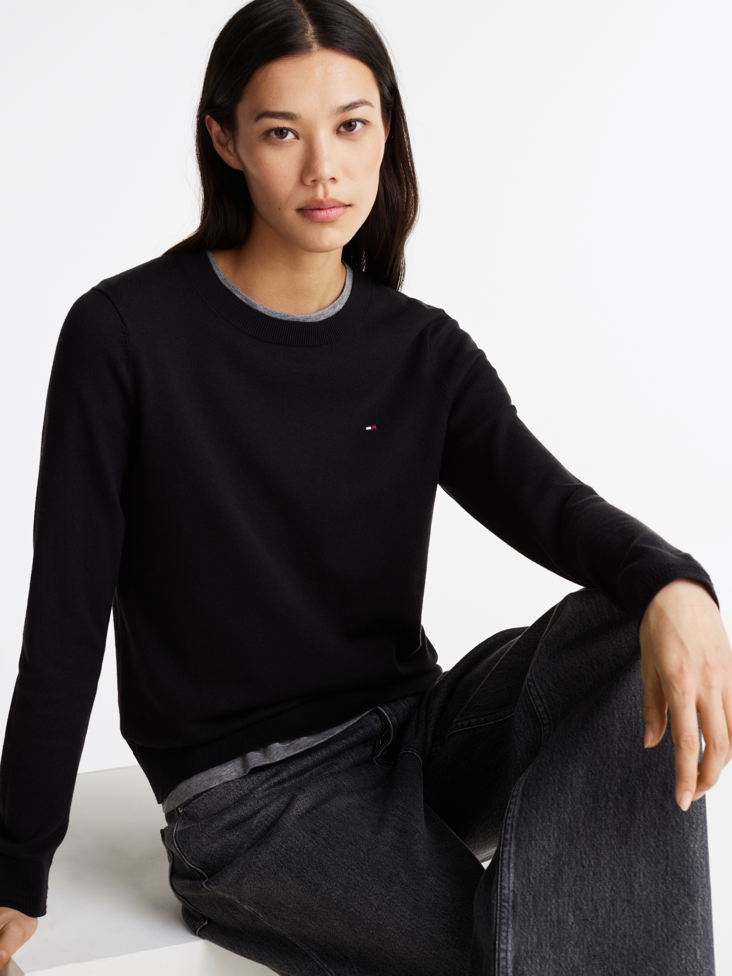 Tommy Hilfiger Rundhalspullover »CO JERSEY STITCH LS C-NK SWT«, mit Logostickerei