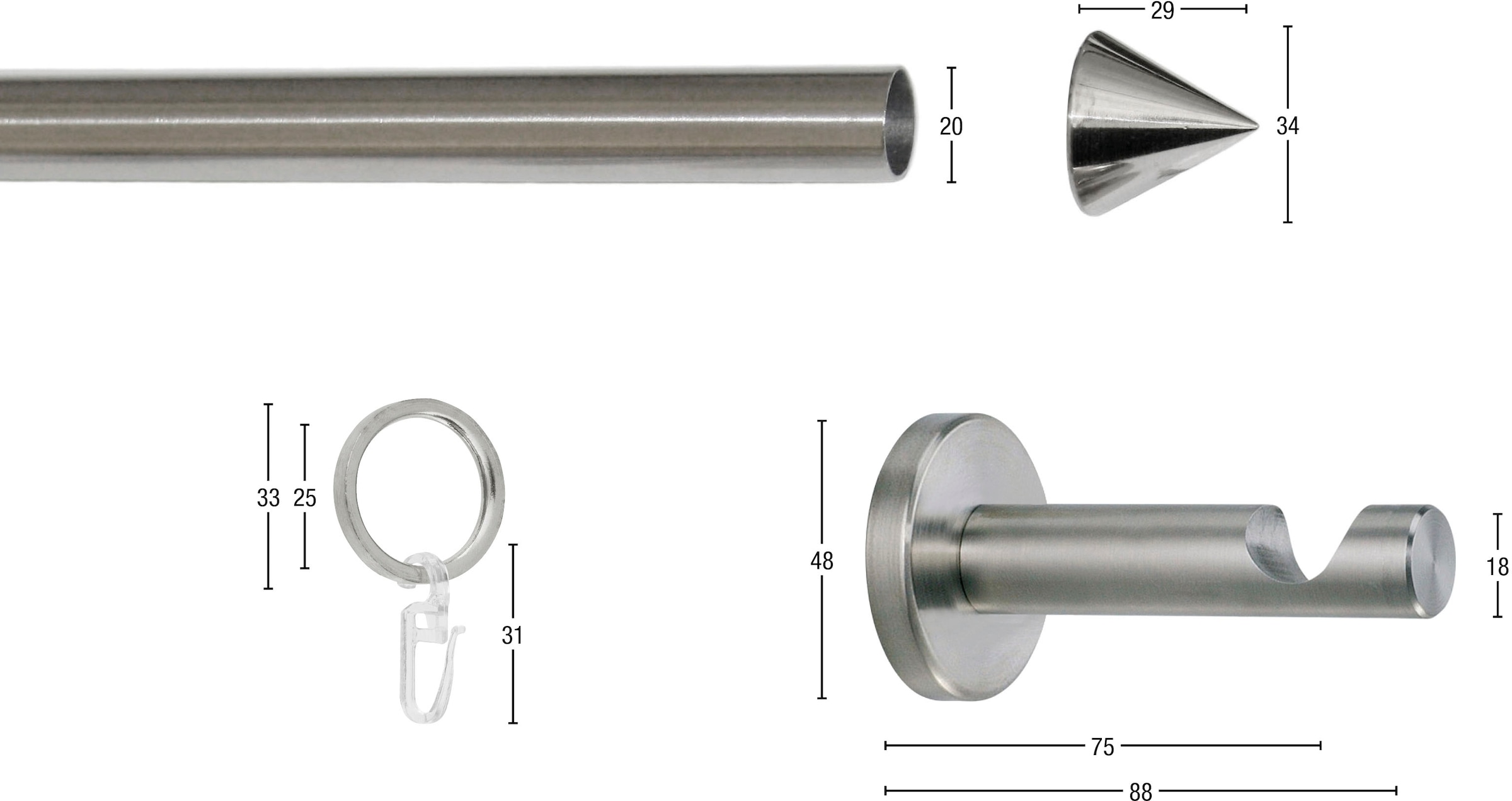 GARESA Gardinenstange »PALMA« Ø 20 mm 1 läufig-läufig Wunschmaßlänge Vorhanggarnitur, verlängerbar, Wandmontage, Edelstahl optik, mit Ringe